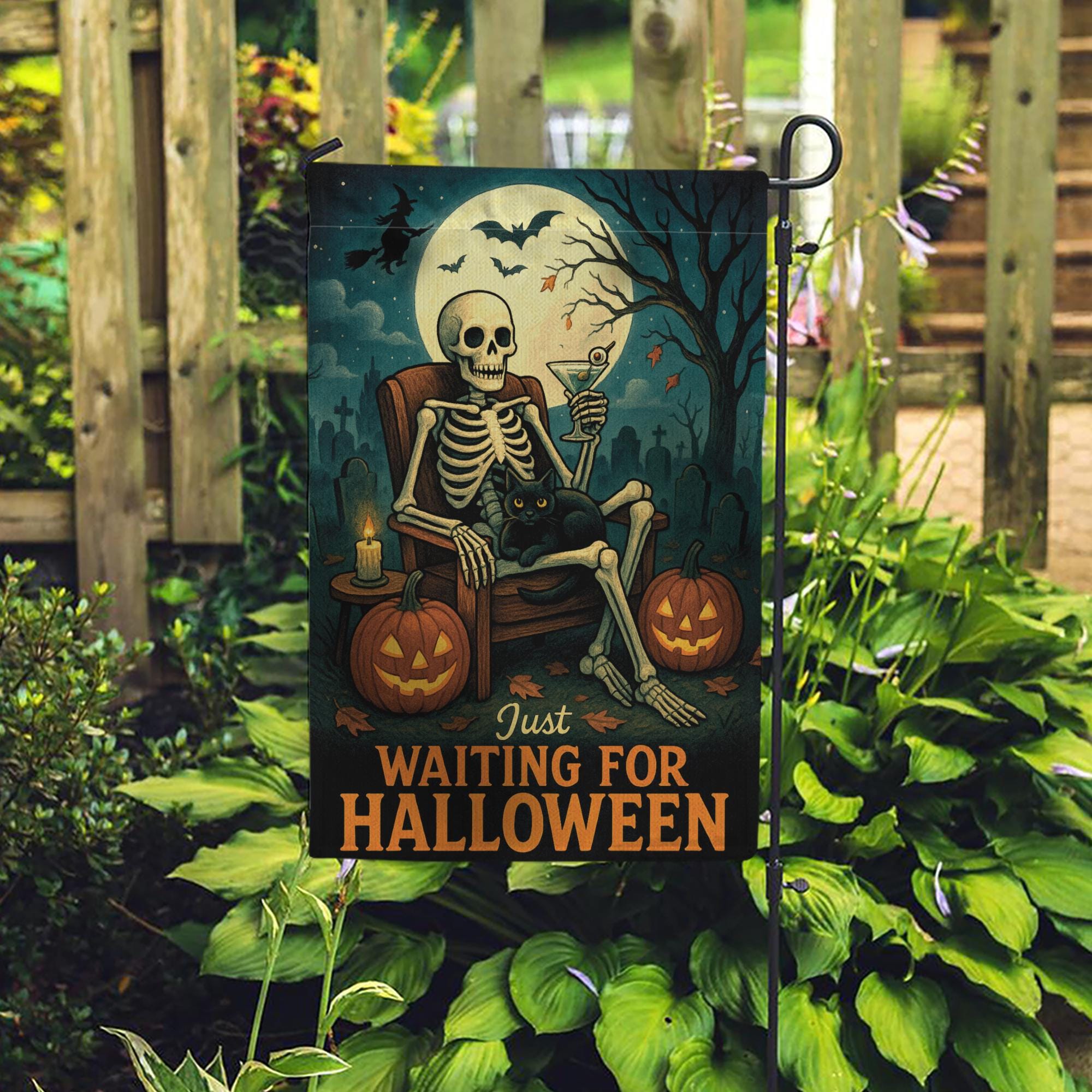 Just Waiting for Halloween Flag, Skeleton Garden Decor, Spooky Outdoor Yard Sign, Black Cat Pumpkin Flag, Funny Fall Porch Decor