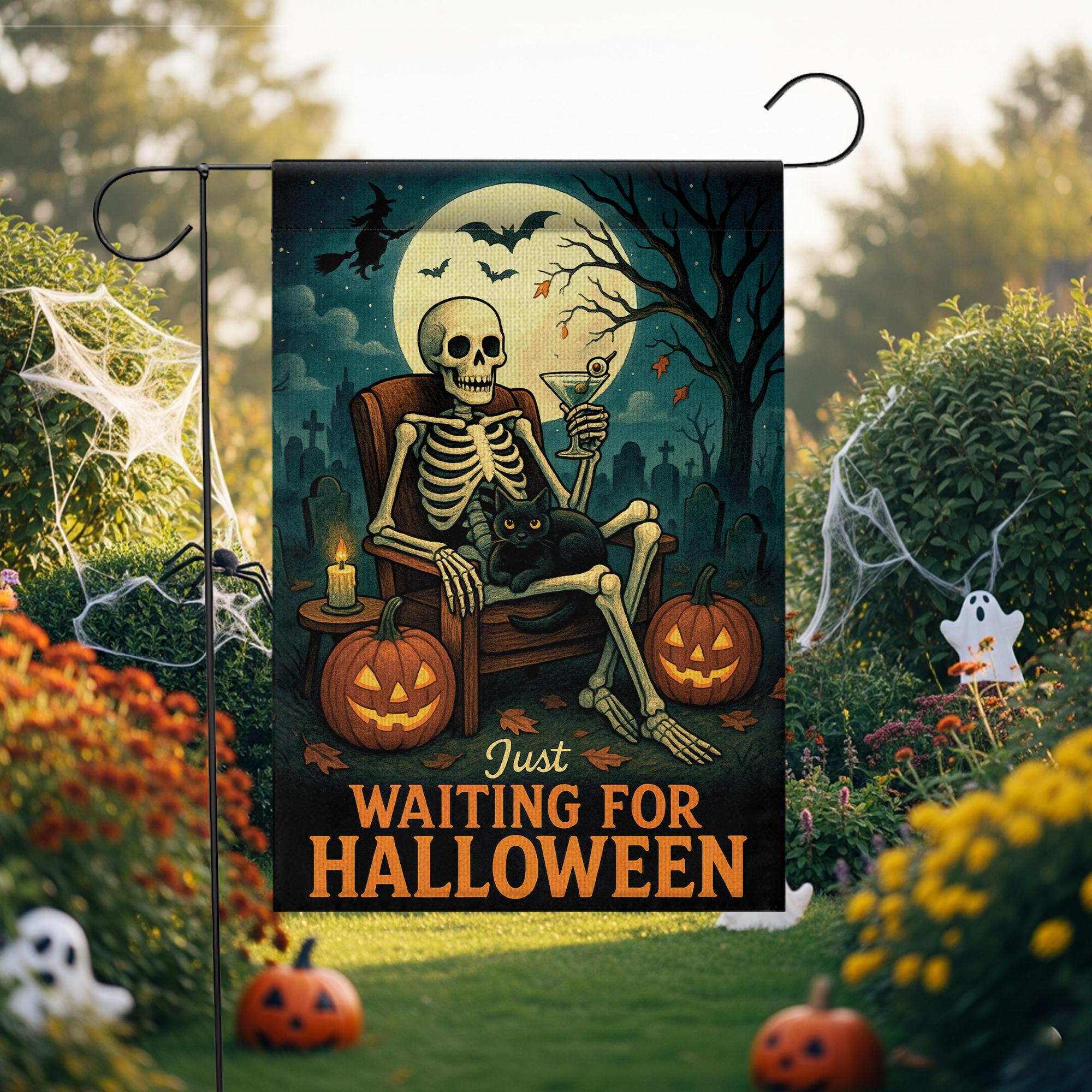 Just Waiting for Halloween Flag, Skeleton Garden Decor, Spooky Outdoor Yard Sign, Black Cat Pumpkin Flag, Funny Fall Porch Decor