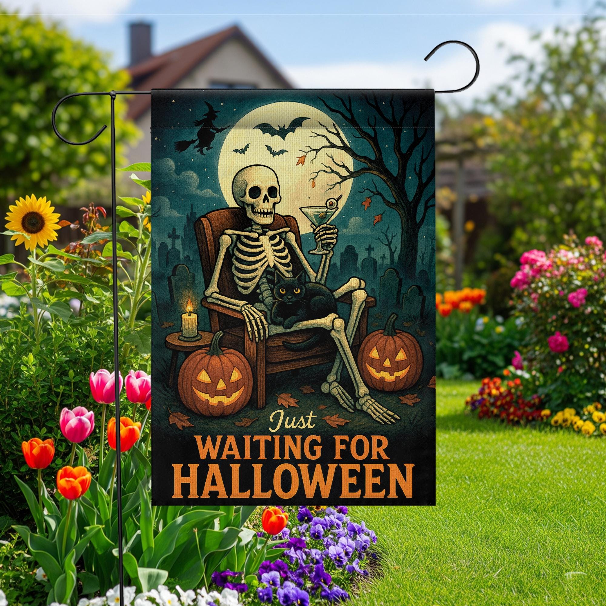 Just Waiting for Halloween Flag, Skeleton Garden Decor, Spooky Outdoor Yard Sign, Black Cat Pumpkin Flag, Funny Fall Porch Decor