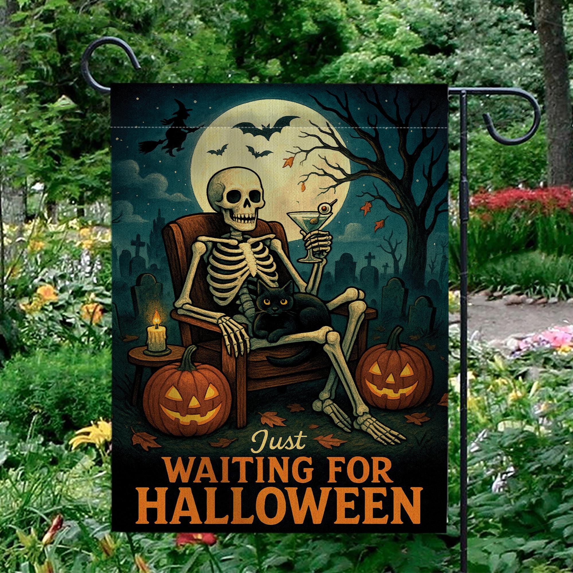 Just Waiting for Halloween Flag, Skeleton Garden Decor, Spooky Outdoor Yard Sign, Black Cat Pumpkin Flag, Funny Fall Porch Decor