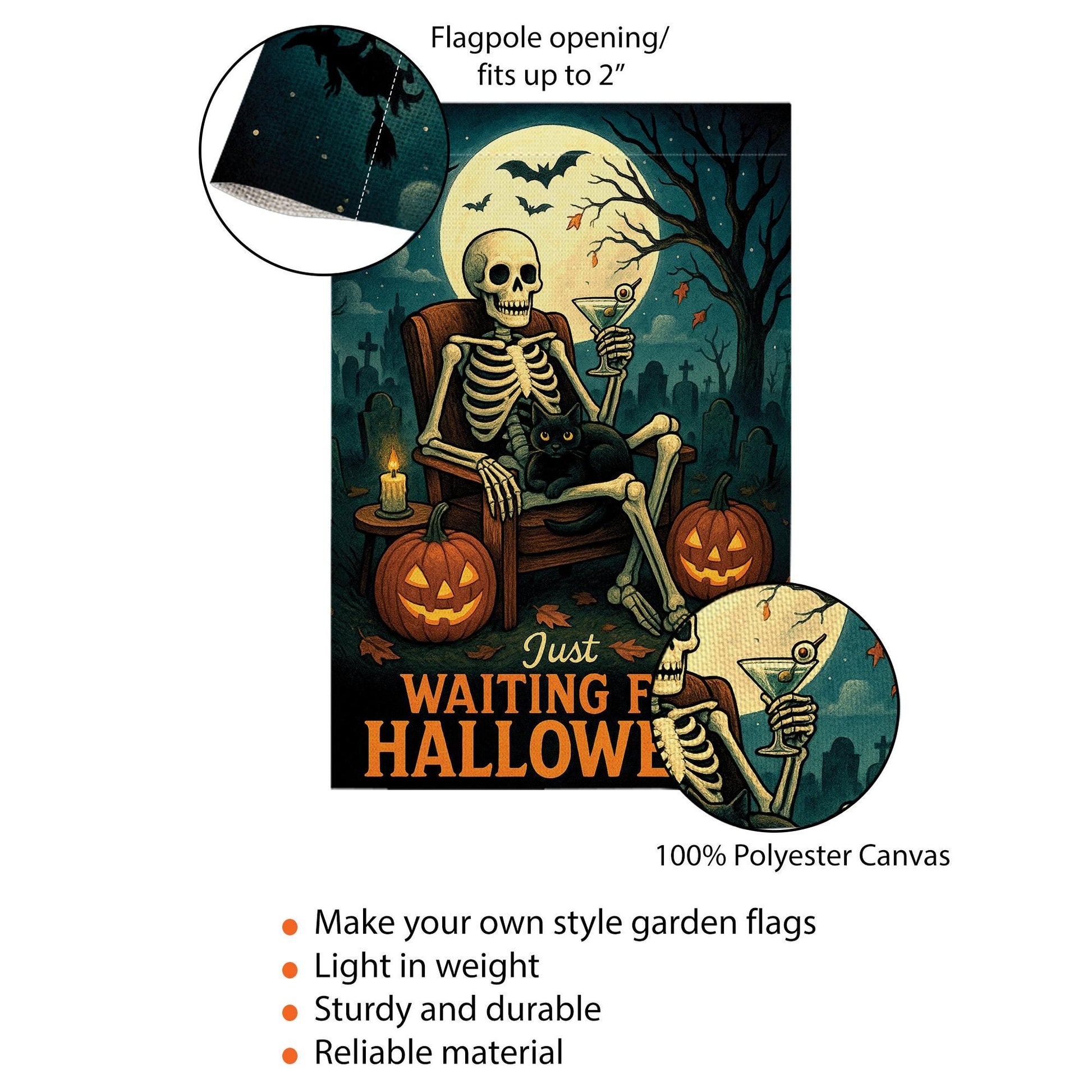 Just Waiting for Halloween Flag, Skeleton Garden Decor, Spooky Outdoor Yard Sign, Black Cat Pumpkin Flag, Funny Fall Porch Decor