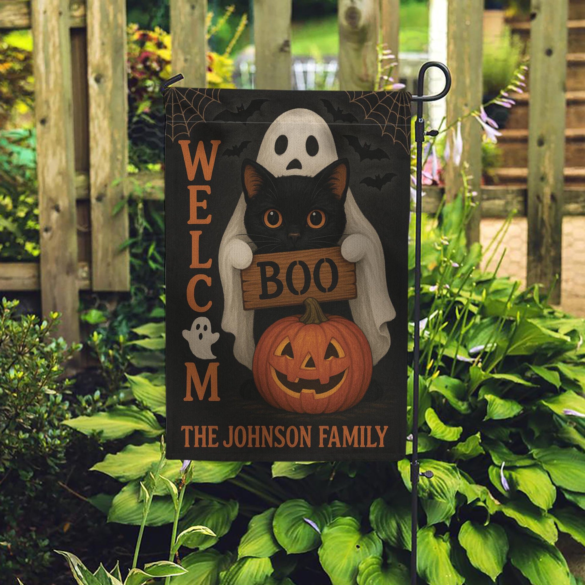 Personalized Halloween Garden Flag, Ghost Cat Pumpkin Yard Sign, Boo Welcome Outdoor Decor, Custom Spooky Family Name Flag