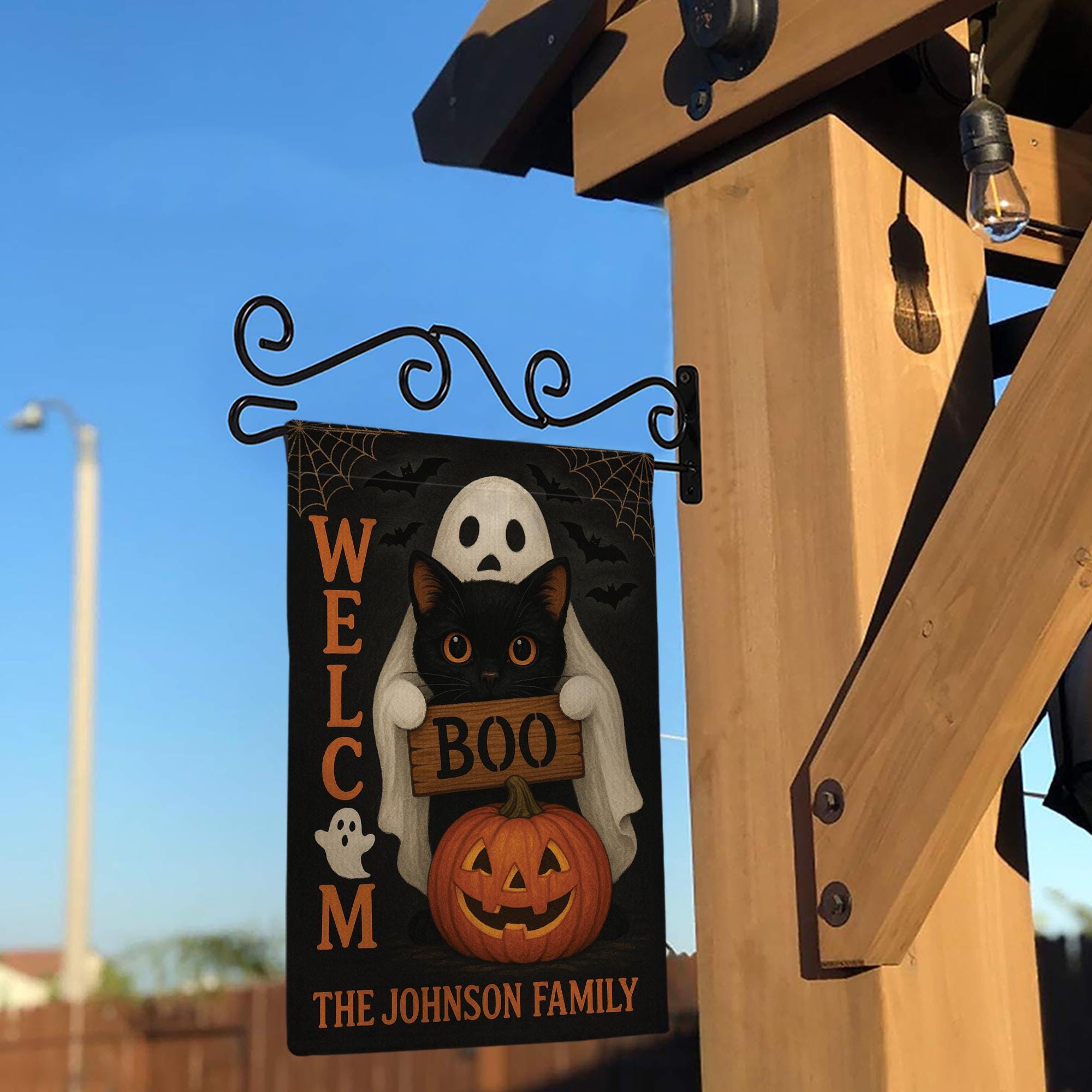 Personalized Halloween Garden Flag, Ghost Cat Pumpkin Yard Sign, Boo Welcome Outdoor Decor, Custom Spooky Family Name Flag
