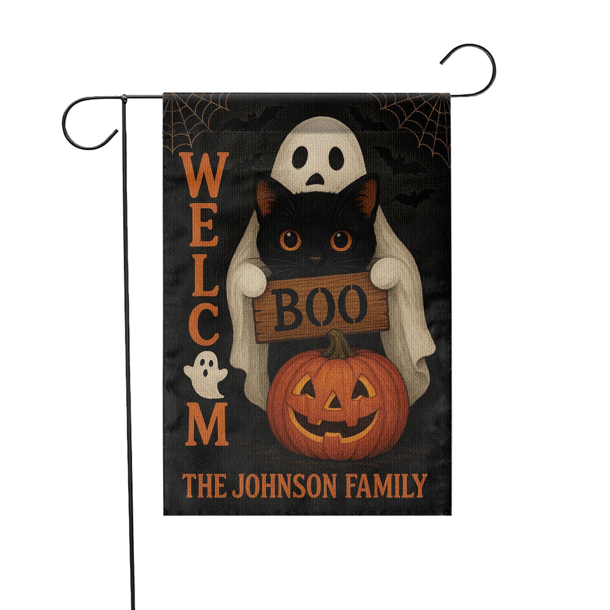 Personalized Halloween Garden Flag, Ghost Cat Pumpkin Yard Sign, Boo Welcome Outdoor Decor, Custom Spooky Family Name Flag