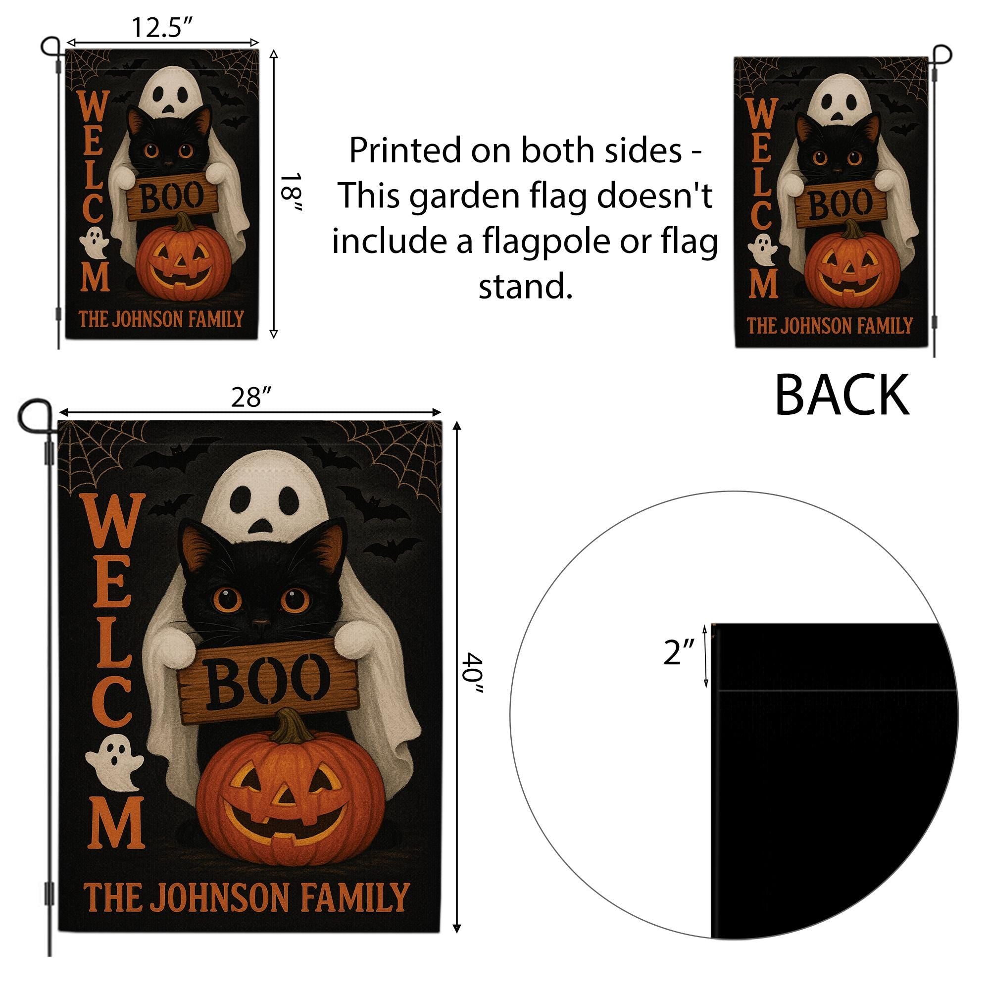 Personalized Halloween Garden Flag, Ghost Cat Pumpkin Yard Sign, Boo Welcome Outdoor Decor, Custom Spooky Family Name Flag