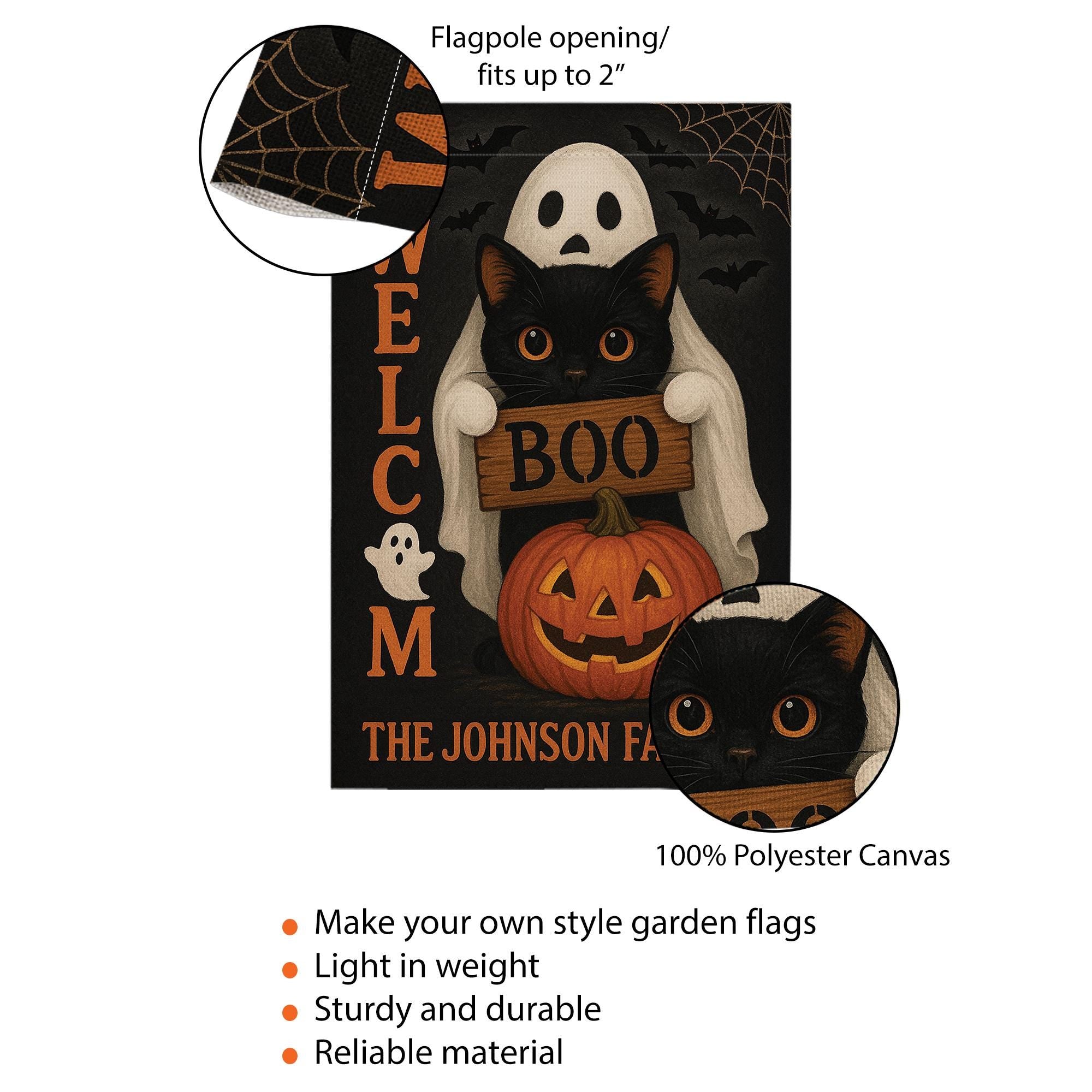 Personalized Halloween Garden Flag, Ghost Cat Pumpkin Yard Sign, Boo Welcome Outdoor Decor, Custom Spooky Family Name Flag
