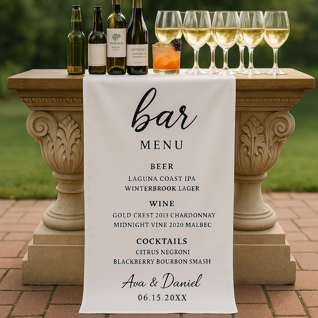 Custom Wedding Bar Sign – Personalized Drink Menu Banner with Beer & Wine for Reception or Cocktail Hour Decor