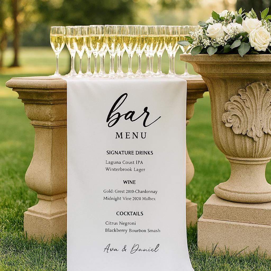 Custom Wedding Bar Sign – Personalized Drink Menu Banner with Beer & Wine for Reception or Cocktail Hour Decor