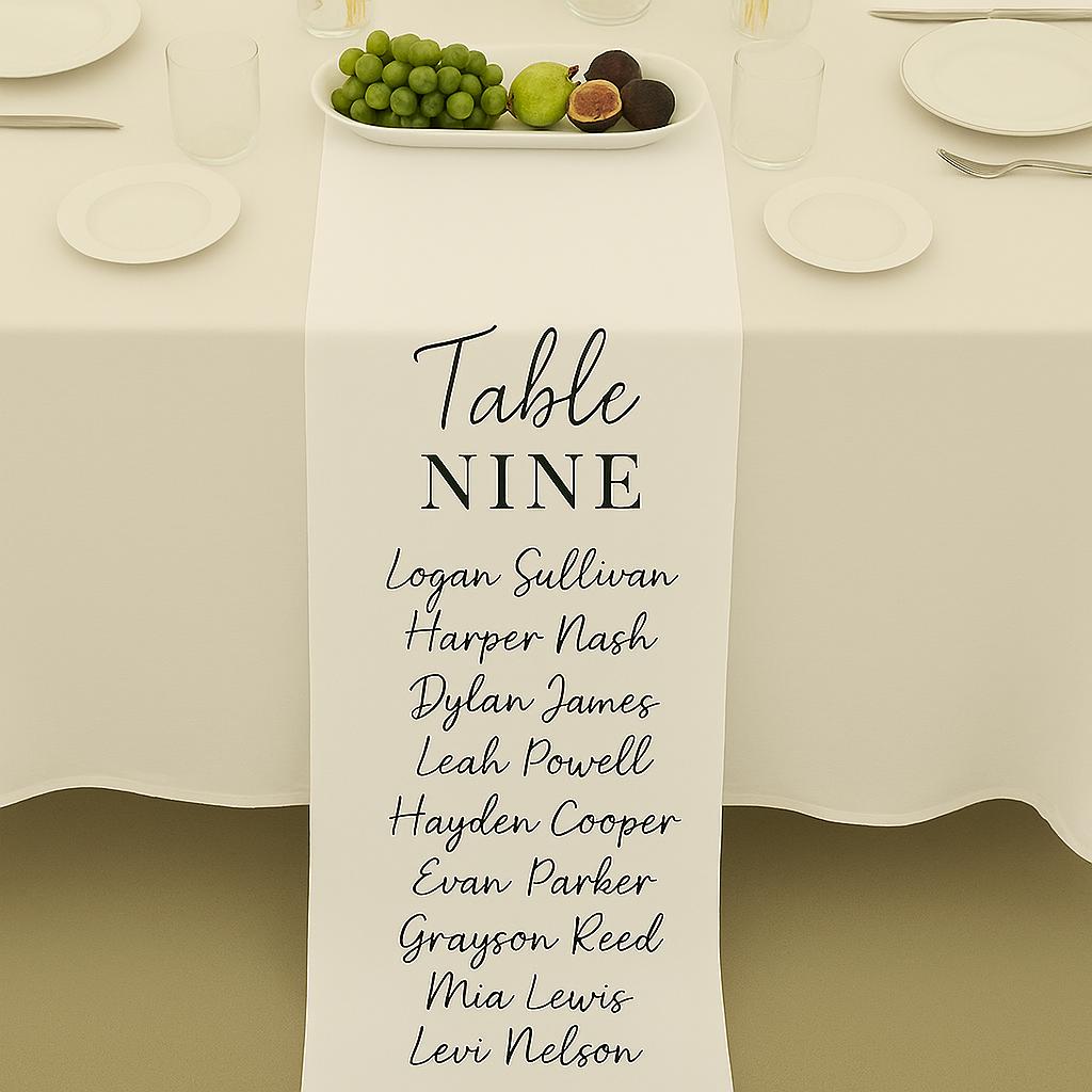 Custom Wedding Table Runner with Guest Names – Personalized Reception Seating Sign for Assigned Tables or Head Table Decor