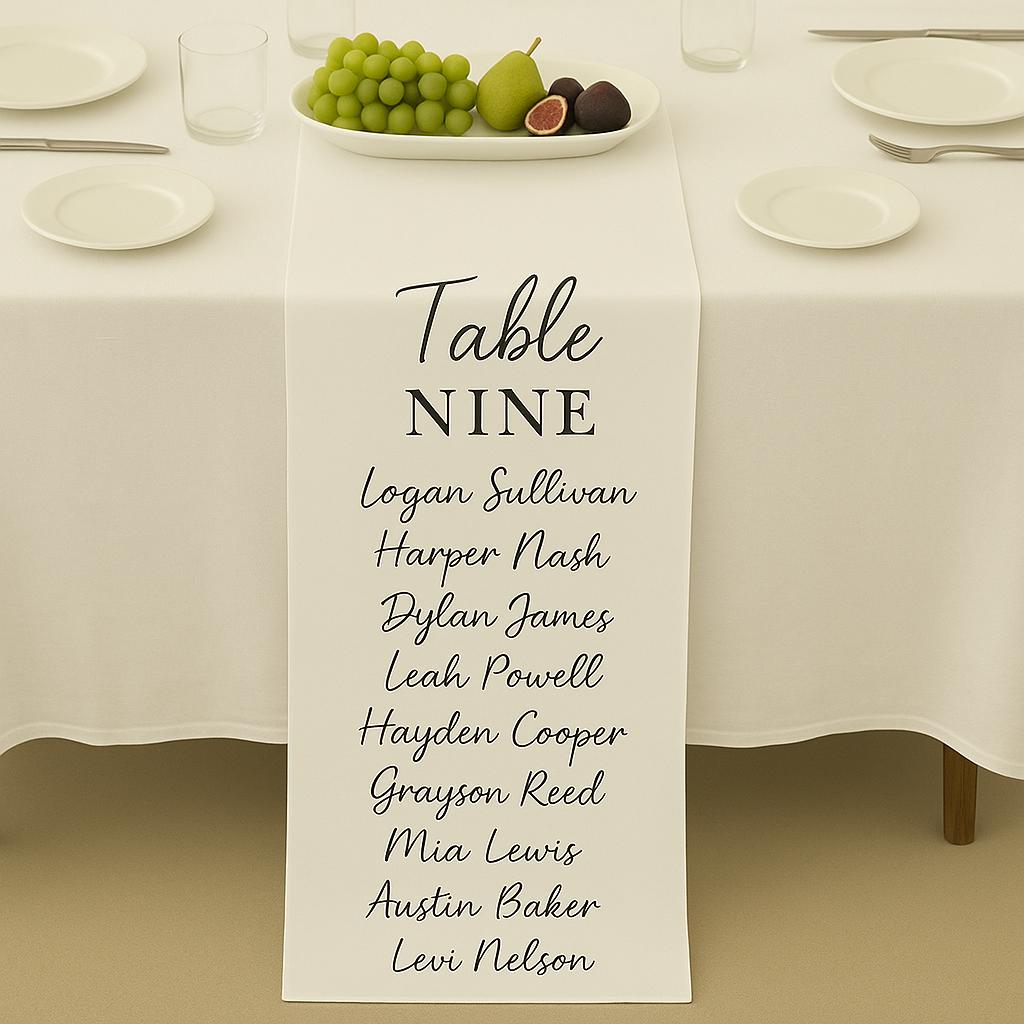 Custom Wedding Table Runner with Guest Names – Personalized Reception Seating Sign for Assigned Tables or Head Table Decor
