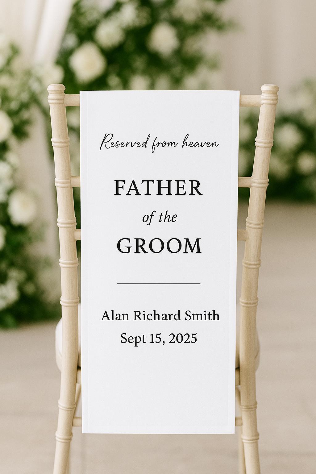 Reserved Memorial Wedding Chair Sign – “Reserved from Heaven” Custom Remembrance Banner for Loved Ones