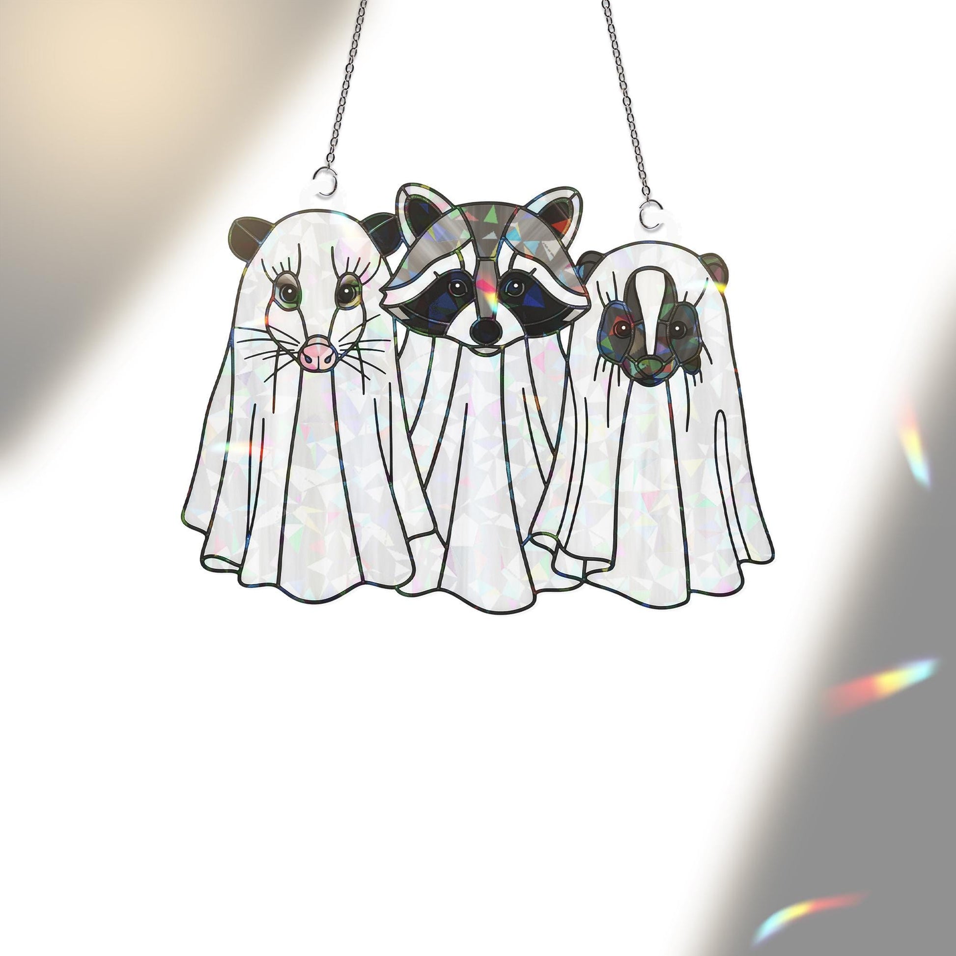 Ghost Animal Suncatcher – Holographic Acrylic Halloween Window Decor with Raccoon, Opossum & Skunk in Costumes