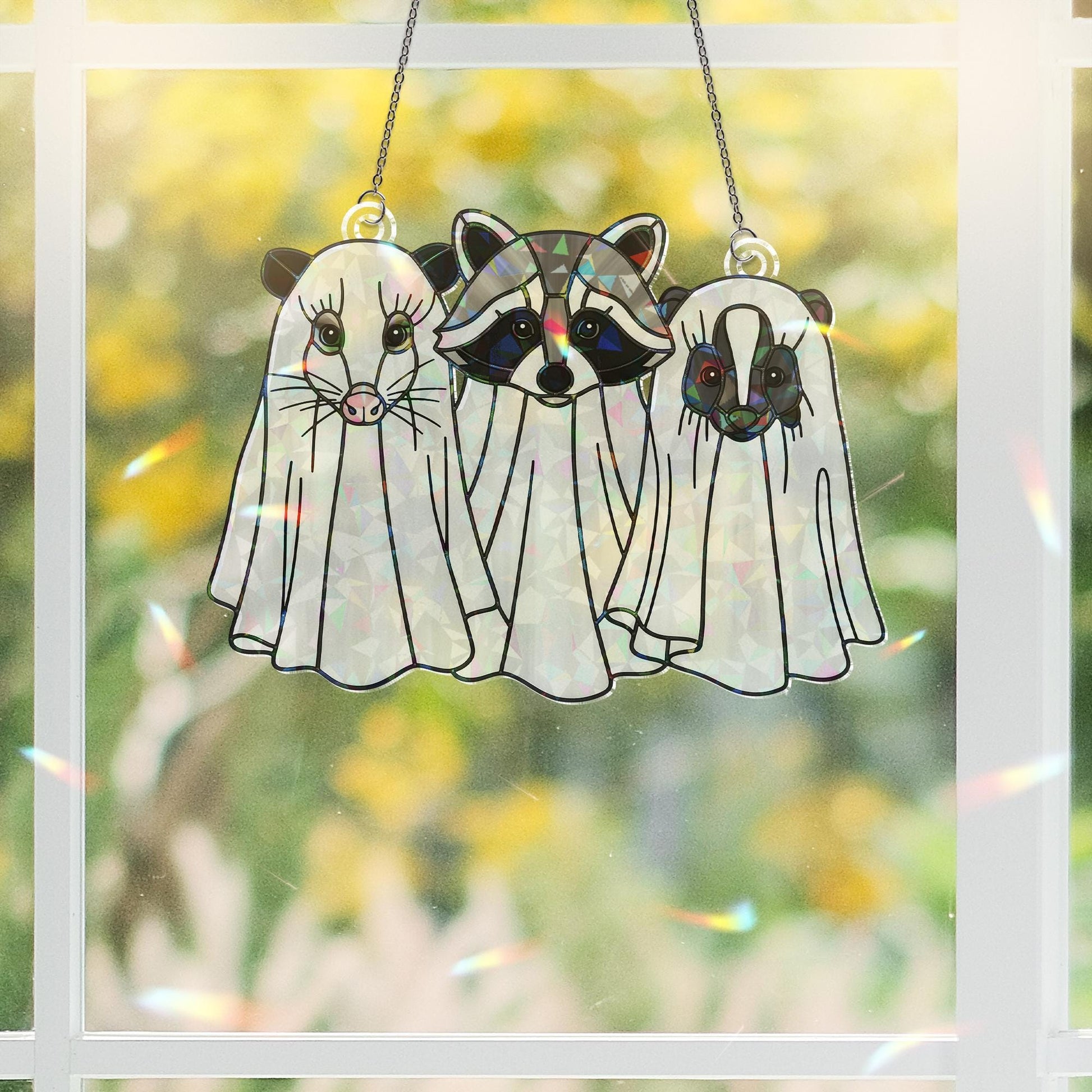 Ghost Animal Suncatcher – Holographic Acrylic Halloween Window Decor with Raccoon, Opossum & Skunk in Costumes