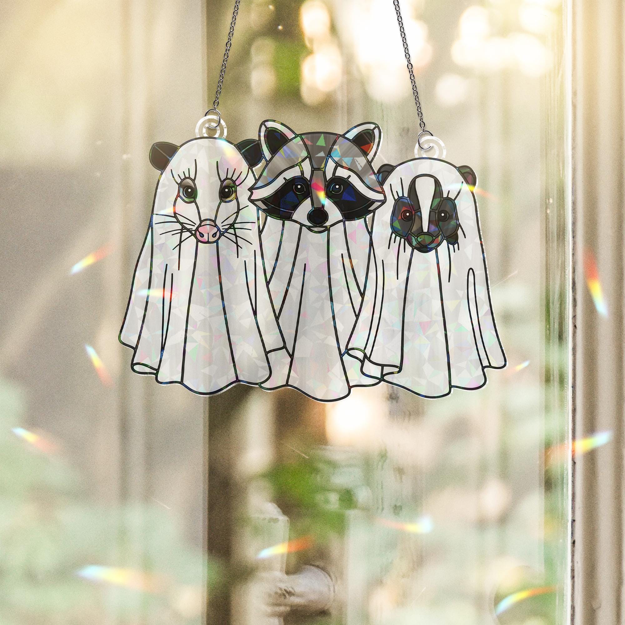 Ghost Animal Suncatcher – Holographic Acrylic Halloween Window Decor with Raccoon, Opossum & Skunk in Costumes