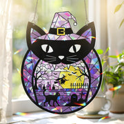 Black Cat Halloween Suncatcher, Acrylic Window Hanging Decor, Witch Scene Purple Sun Catcher, Spooky Fall Decoration Gift, Home Decor Fall