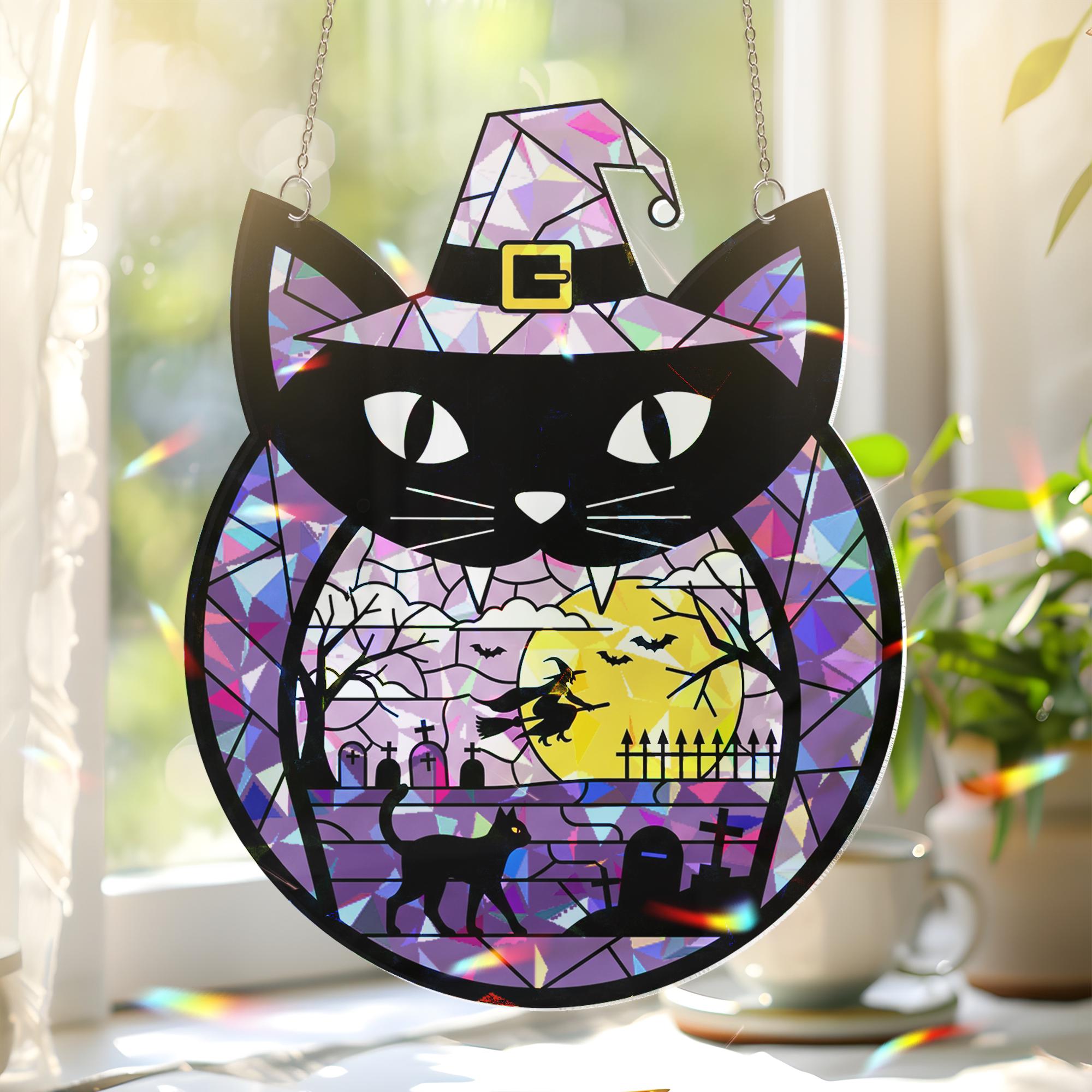 Black Cat Halloween Suncatcher, Acrylic Window Hanging Decor, Witch Scene Purple Sun Catcher, Spooky Fall Decoration Gift, Home Decor Fall