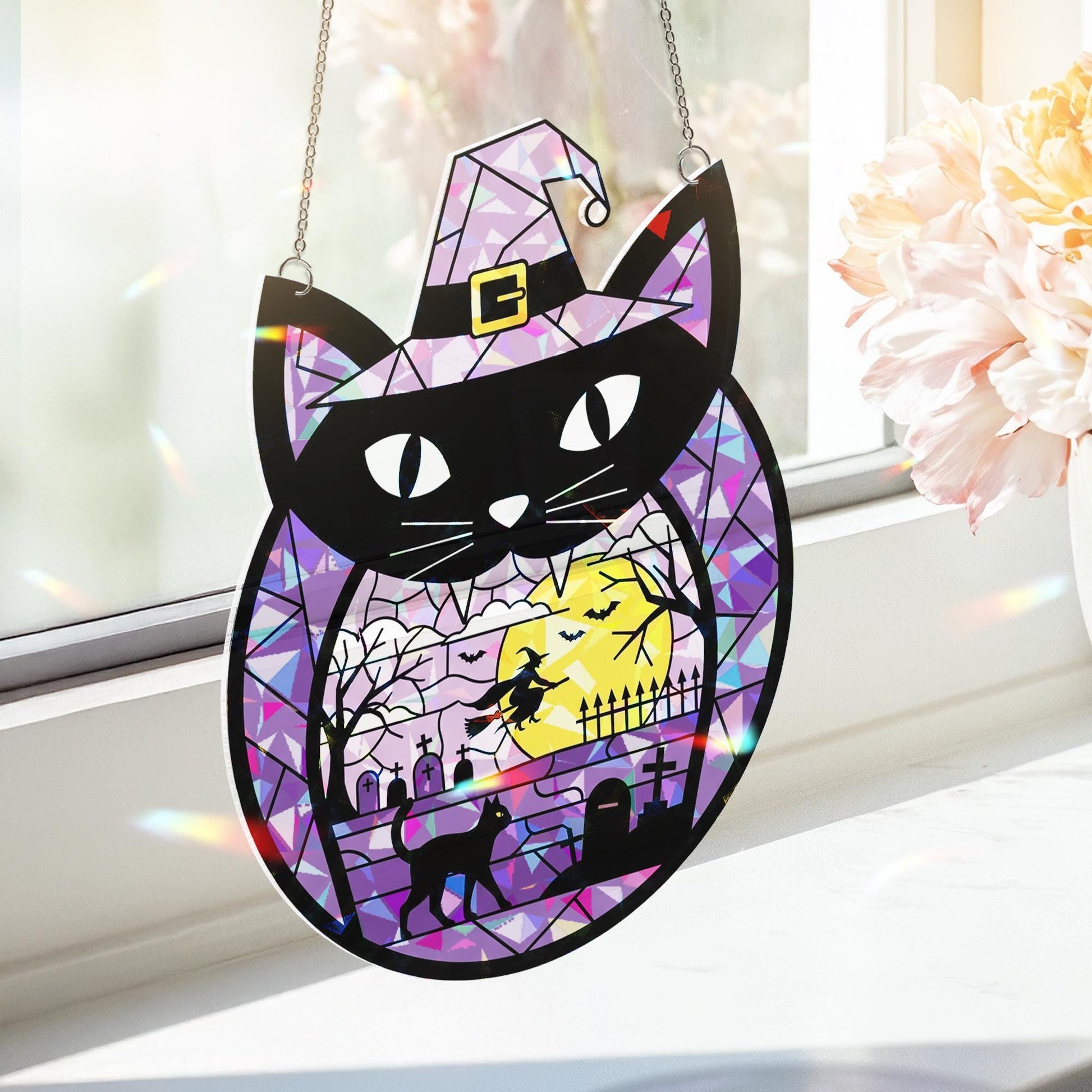 Black Cat Halloween Suncatcher, Acrylic Window Hanging Decor, Witch Scene Purple Sun Catcher, Spooky Fall Decoration Gift, Home Decor Fall