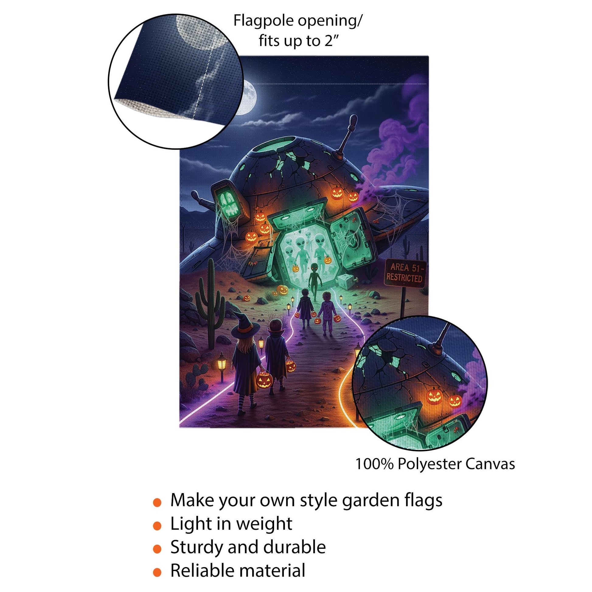 Halloween UFO Alien Garden Flag – Trick‑Or‑Treat Area 51 Spooky Outdoor Yard Banner with Pumpkins & Glow Design