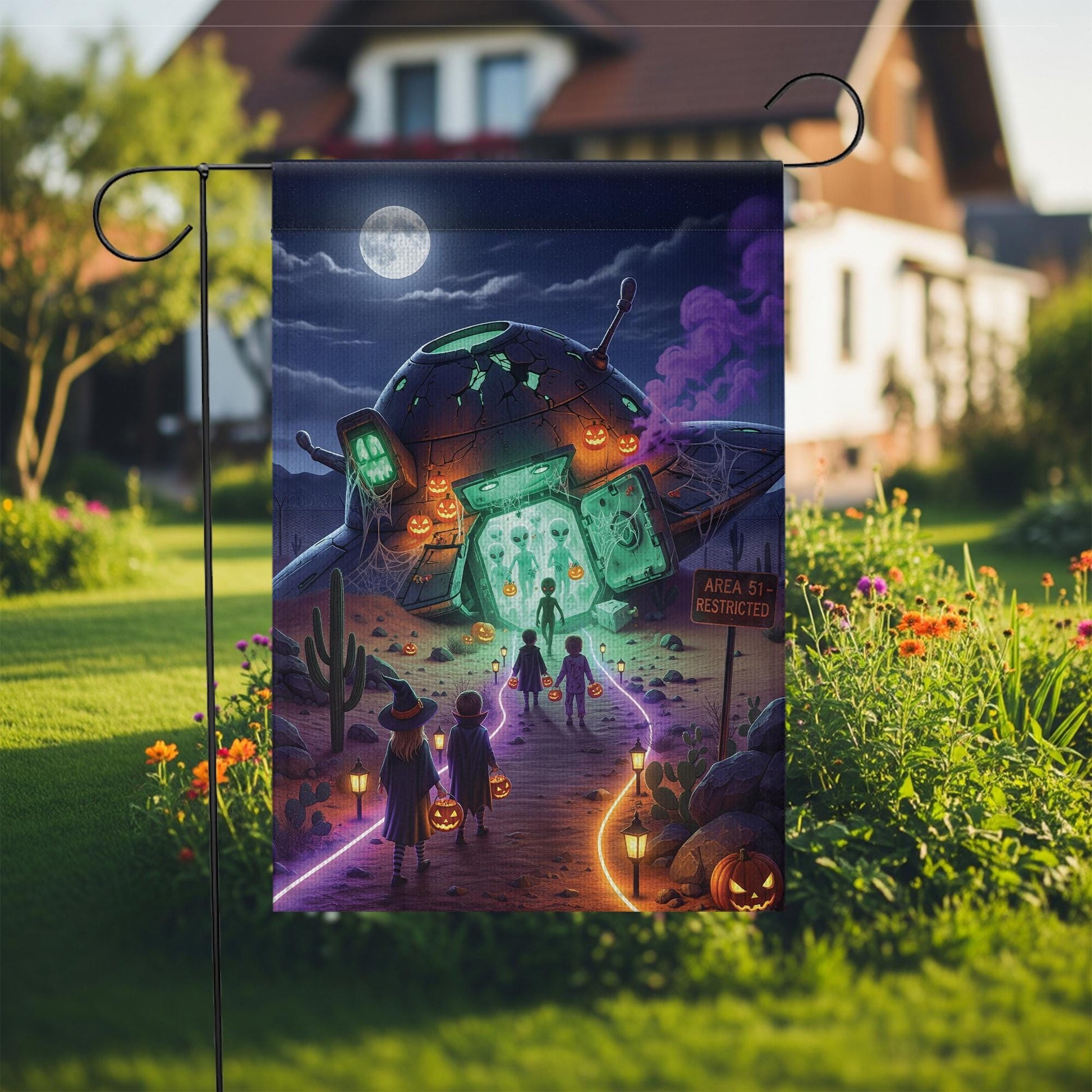 Halloween UFO Alien Garden Flag – Trick‑Or‑Treat Area 51 Spooky Outdoor Yard Banner with Pumpkins & Glow Design