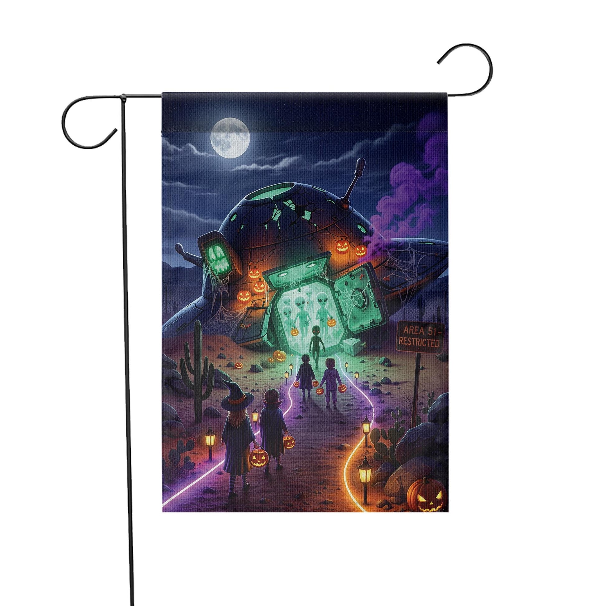 Halloween UFO Alien Garden Flag – Trick‑Or‑Treat Area 51 Spooky Outdoor Yard Banner with Pumpkins & Glow Design