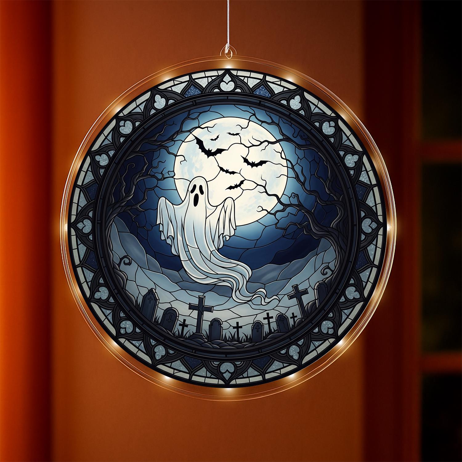 Ghost LED Light Lamp, Acrylic Halloween Hanging Decor, Spooky Graveyard Night Light, Blue Moon Wall Art, Gothic Fall Decoration, Fall Gift