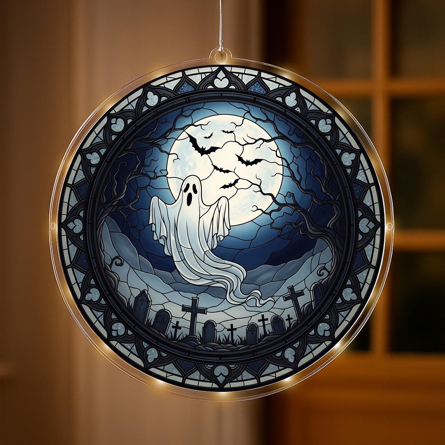 Ghost LED Light Lamp, Acrylic Halloween Hanging Decor, Spooky Graveyard Night Light, Blue Moon Wall Art, Gothic Fall Decoration, Fall Gift