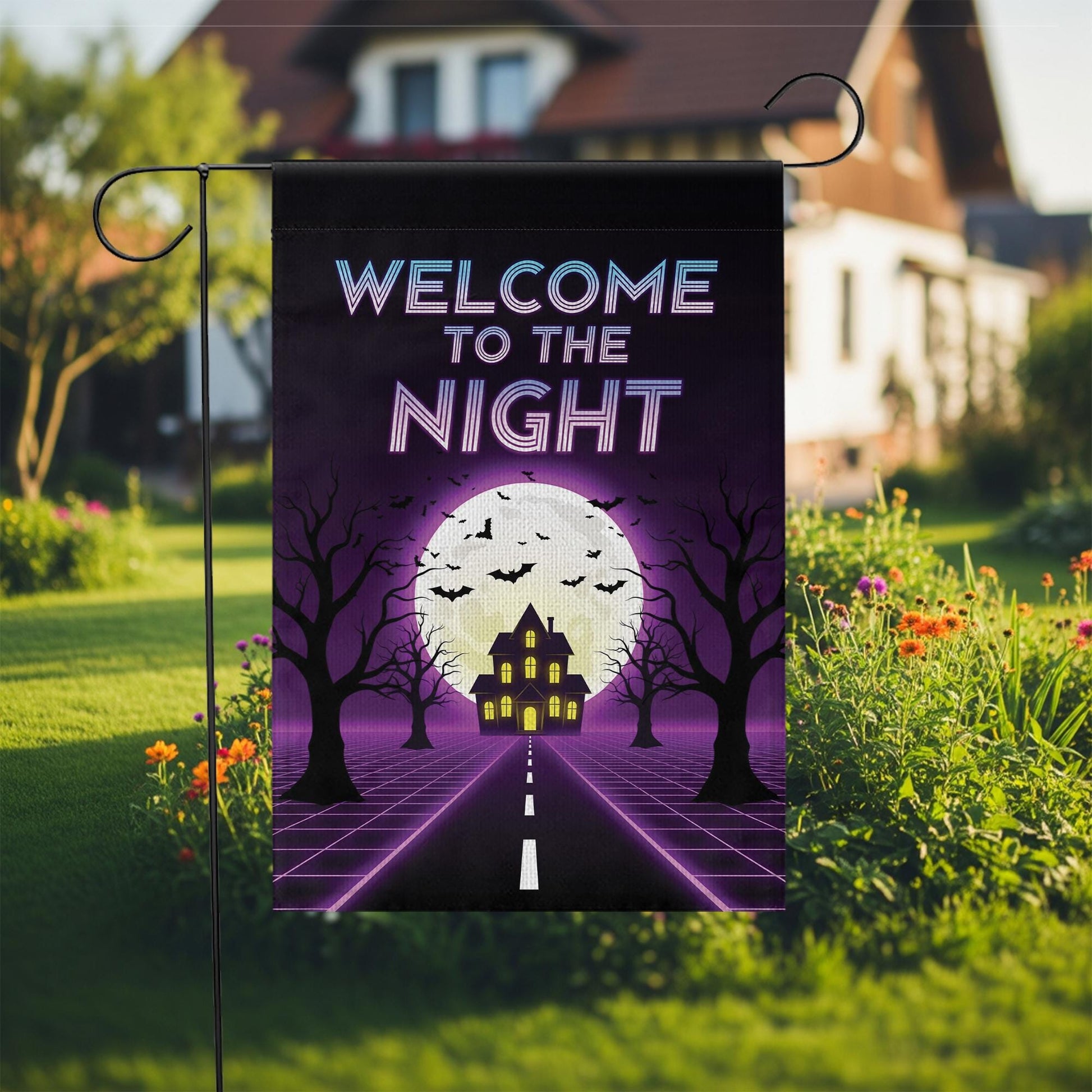 Halloween Welcome to the Night Flag – Spooky Full Moon Haunted House Garden Banner, Retro Neon Yard Decor