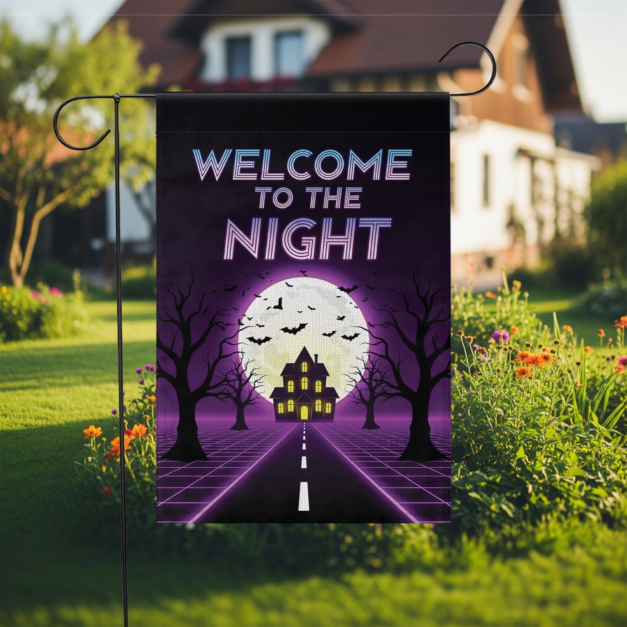 Halloween Welcome to the Night Flag – Spooky Full Moon Haunted House Garden Banner, Retro Neon Yard Decor