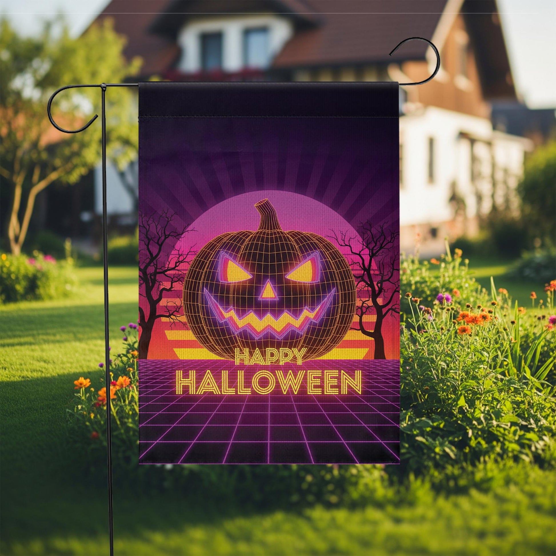 Happy Halloween Neon Pumpkin Garden Flag – Retro Halloween Jack‑O‑Lantern Yard Banner