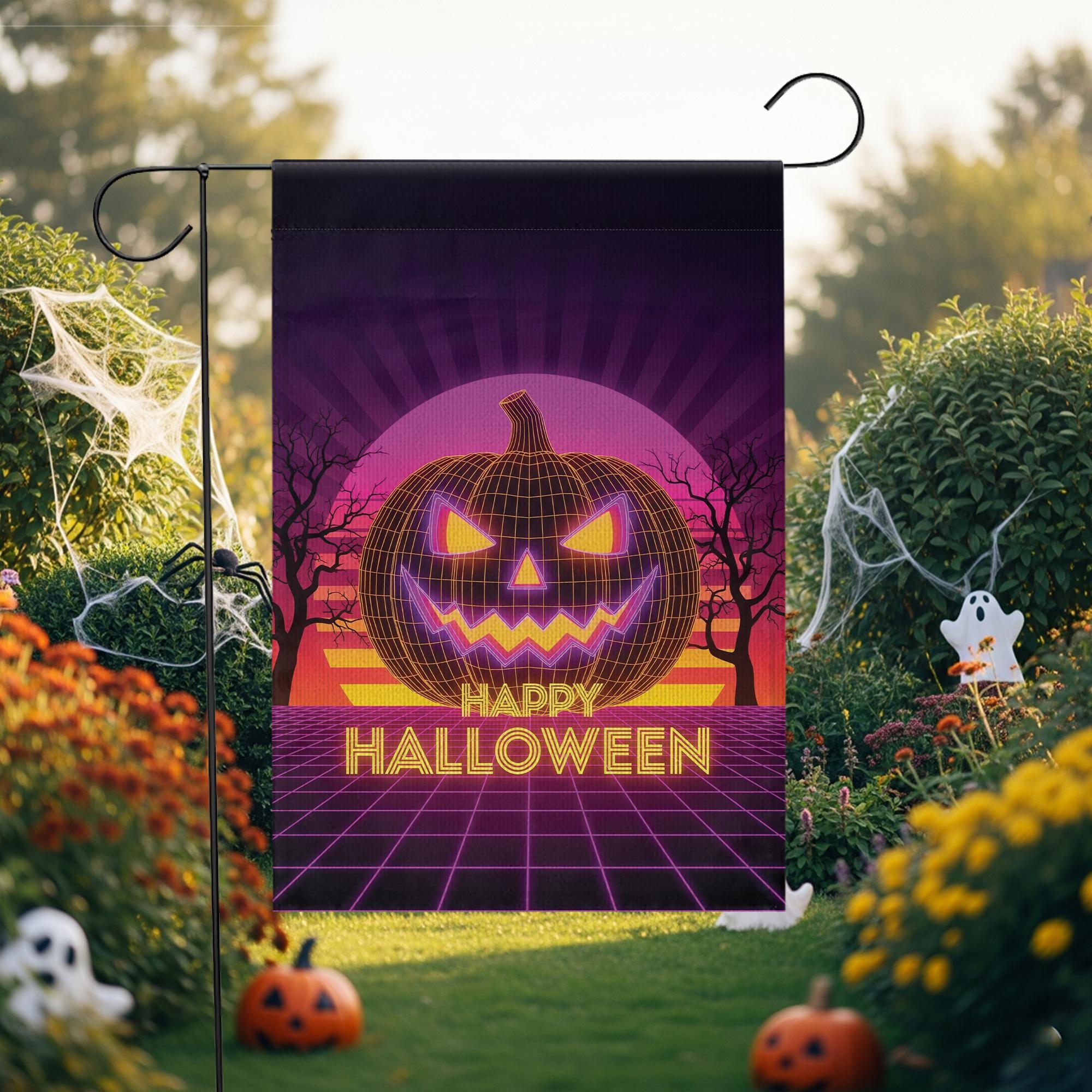 Happy Halloween Neon Pumpkin Garden Flag – Retro Halloween Jack‑O‑Lantern Yard Banner