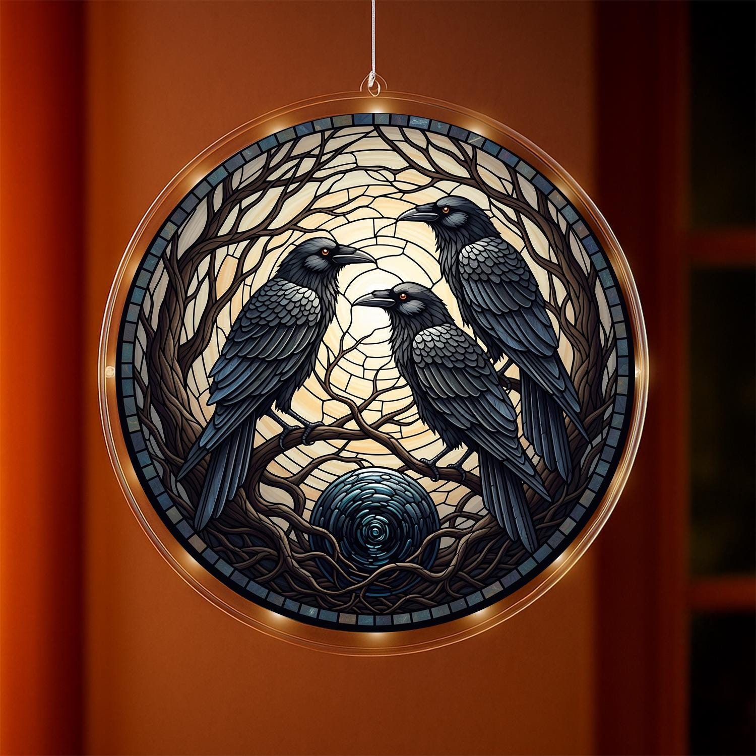Raven LED Light Lamp, Gothic Acrylic Hanging Light, Crow Tree Moon Wall Decor, Dark Forest Art Lamp, Halloween Raven Decoration, Fall Gift