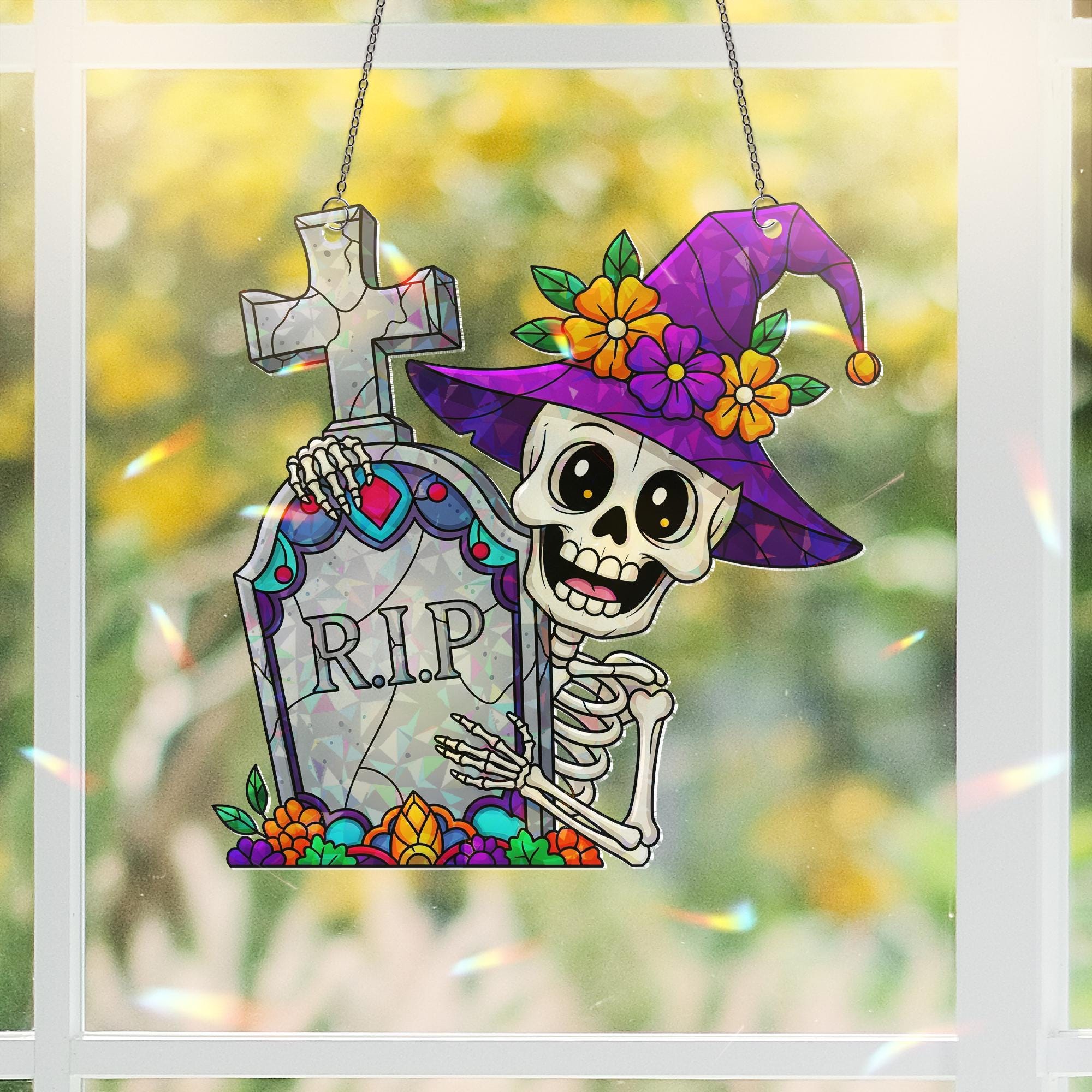 Halloween Skeleton RIP Window Hanger – Witch Hat Skeleton Halloween Décor
