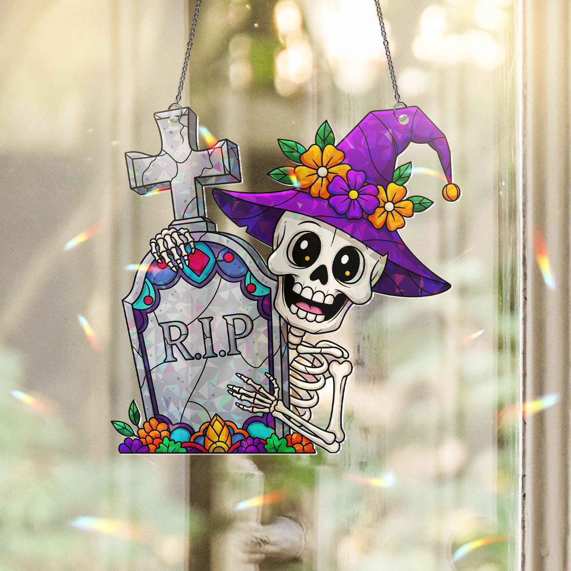 Halloween Skeleton RIP Window Hanger – Witch Hat Skeleton Halloween Décor