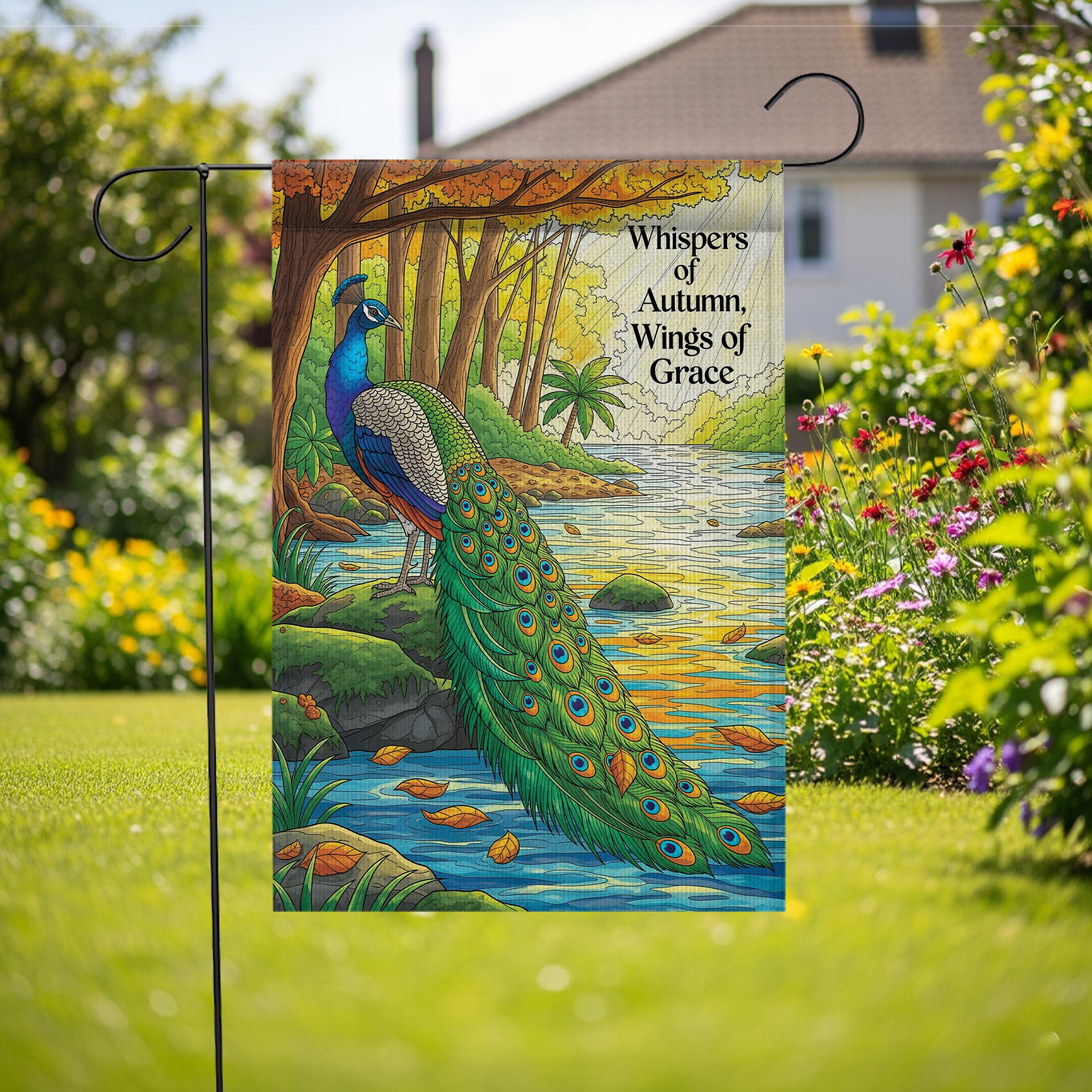 Autumn Peacock Garden Flag – ‘Whispers of Autumn, Wings of Grace’ Fall Yard Banner