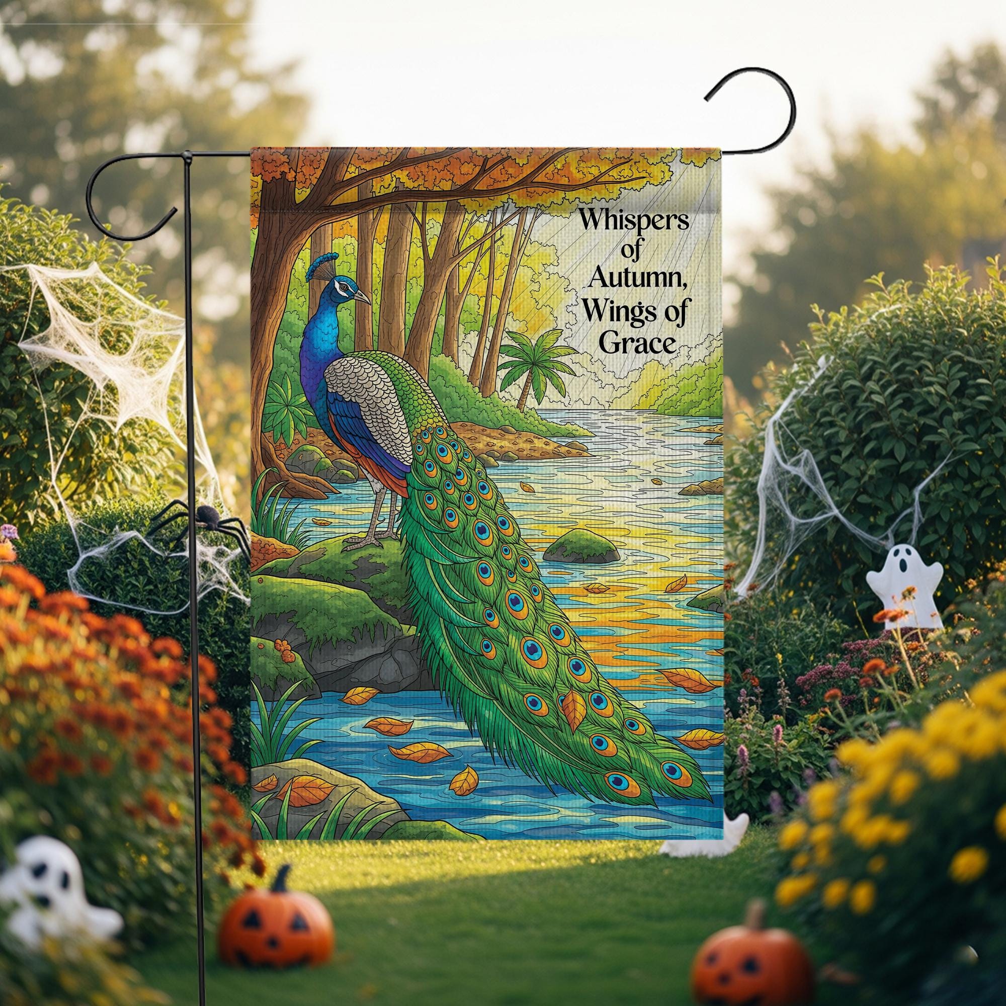 Autumn Peacock Garden Flag – ‘Whispers of Autumn, Wings of Grace’ Fall Yard Banner