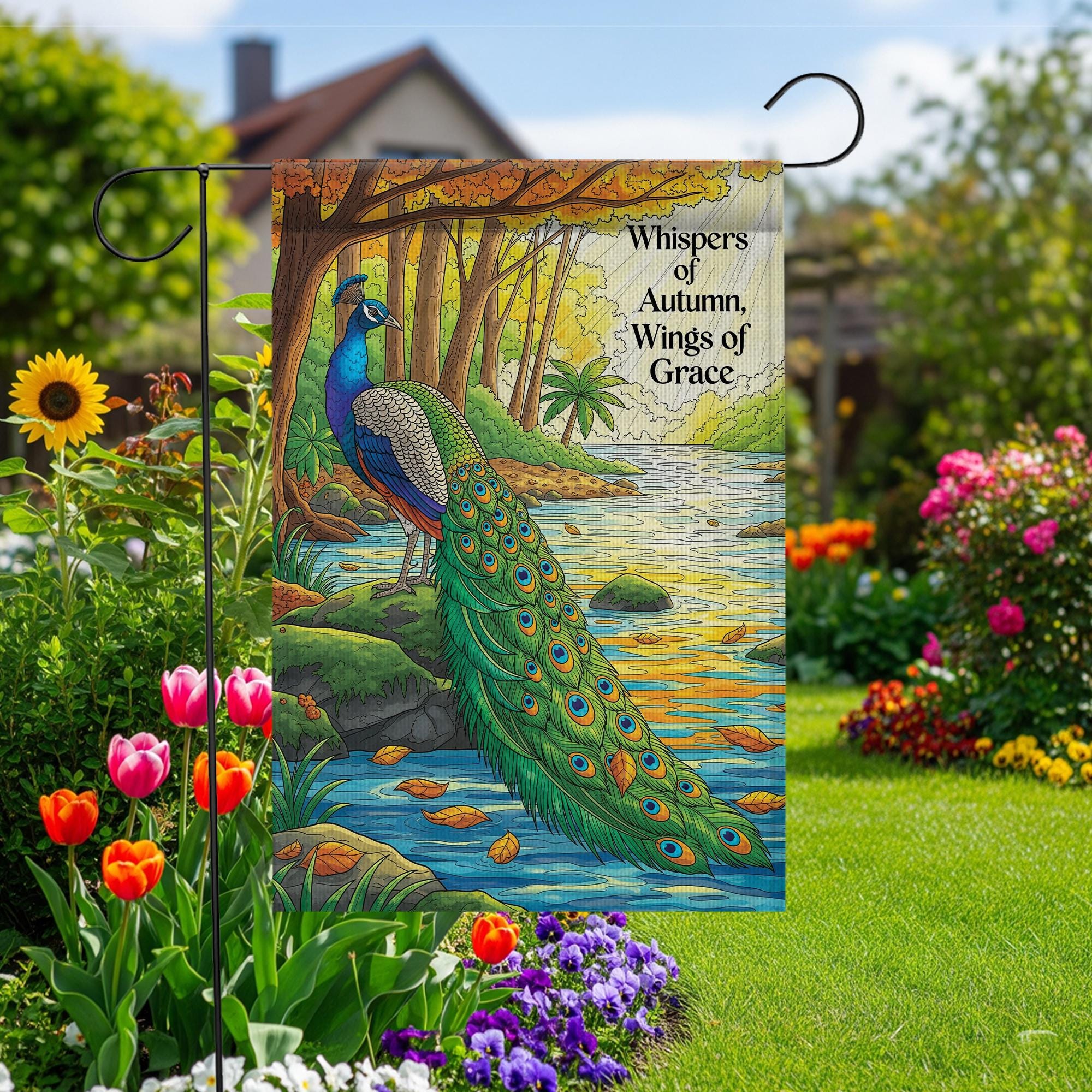 Autumn Peacock Garden Flag – ‘Whispers of Autumn, Wings of Grace’ Fall Yard Banner