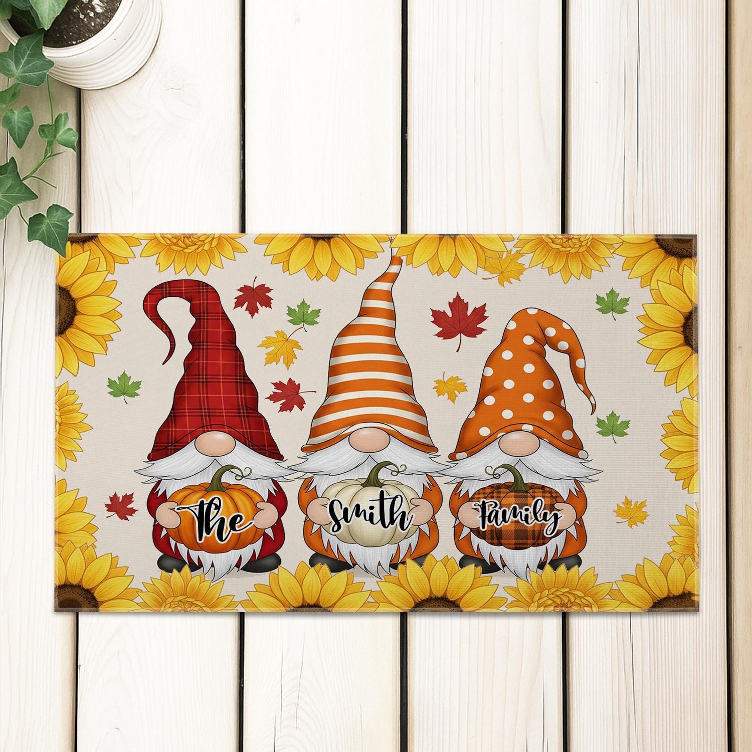 Fall Gnome Doormat, Personalized Pumpkin Welcome Mat, Autumn Sunflower Door Rug, Custom Family Name Entryway Decor, Home Decor Custom