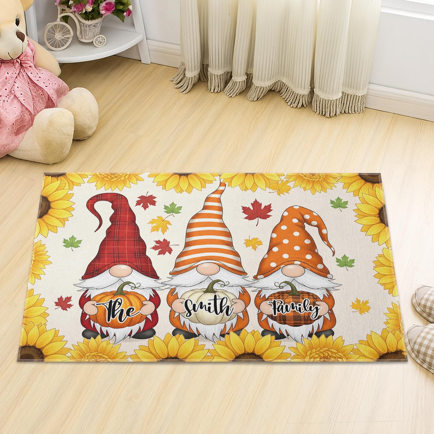 Fall Gnome Doormat, Personalized Pumpkin Welcome Mat, Autumn Sunflower Door Rug, Custom Family Name Entryway Decor, Home Decor Custom