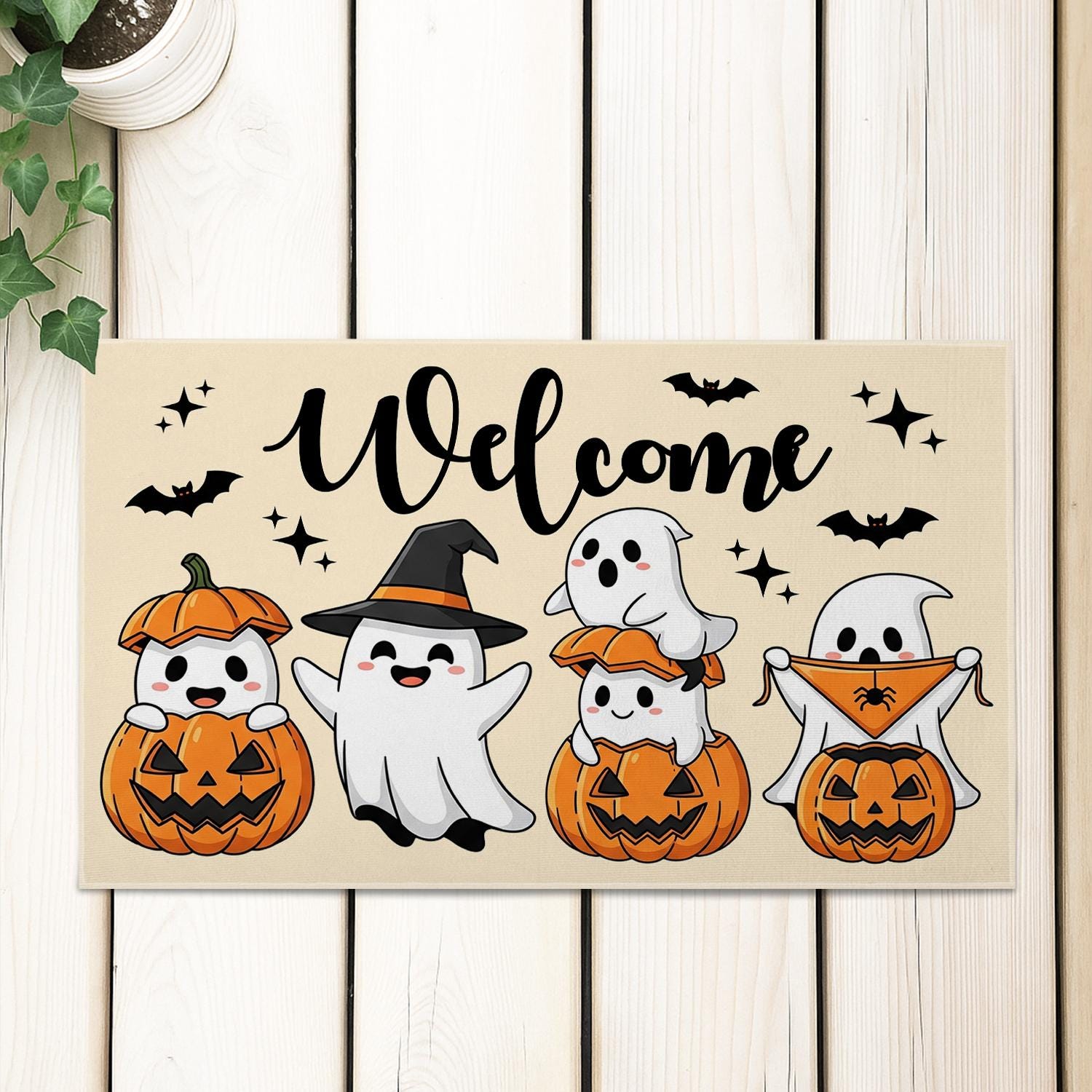 Halloween Ghost Doormat, Cute Pumpkin Welcome Mat, Fall Porch Decor, Spooky Entry Rug, Trick or Treat Door Mat for Home, Fall Home Decor Mat