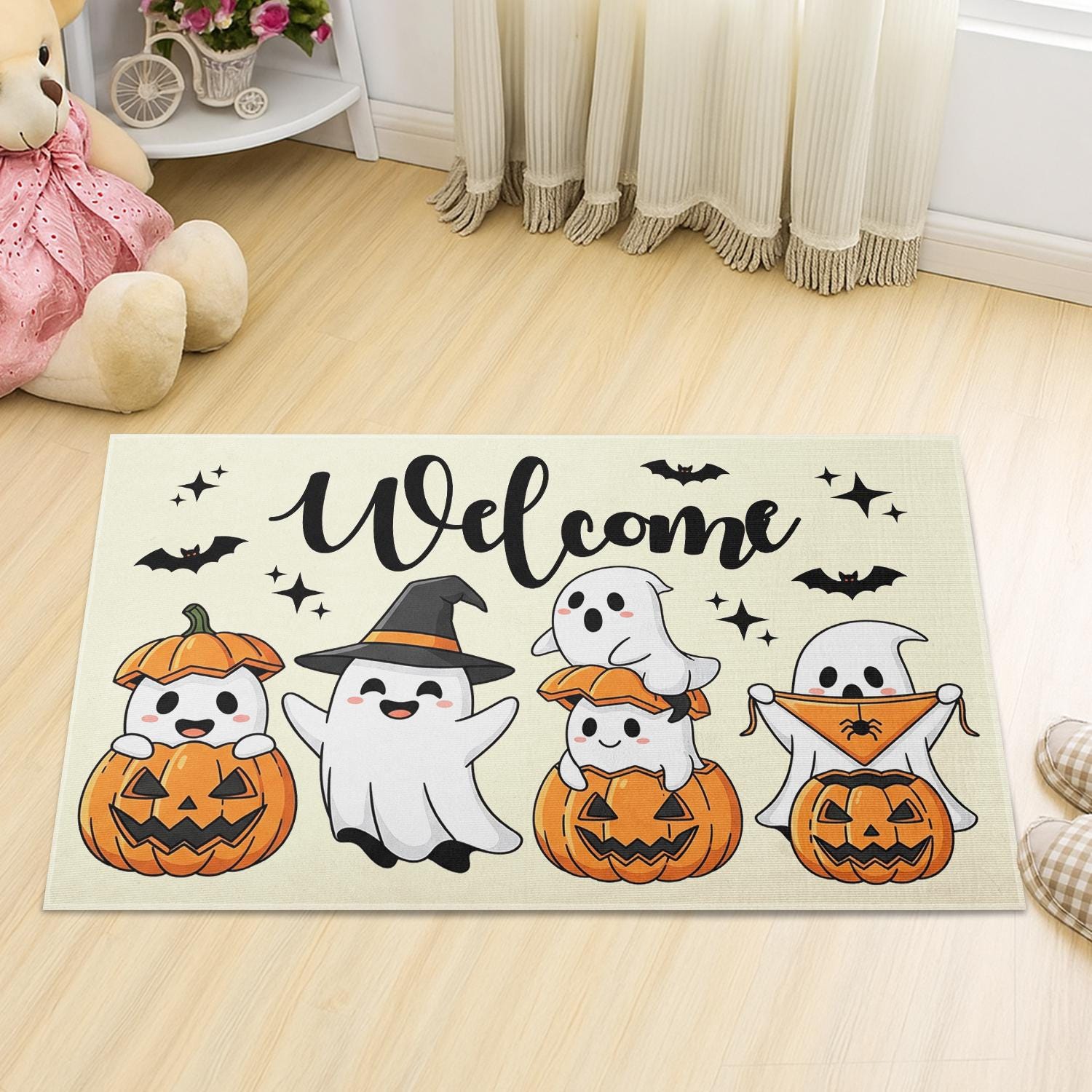 Halloween Ghost Doormat, Cute Pumpkin Welcome Mat, Fall Porch Decor, Spooky Entry Rug, Trick or Treat Door Mat for Home, Fall Home Decor Mat