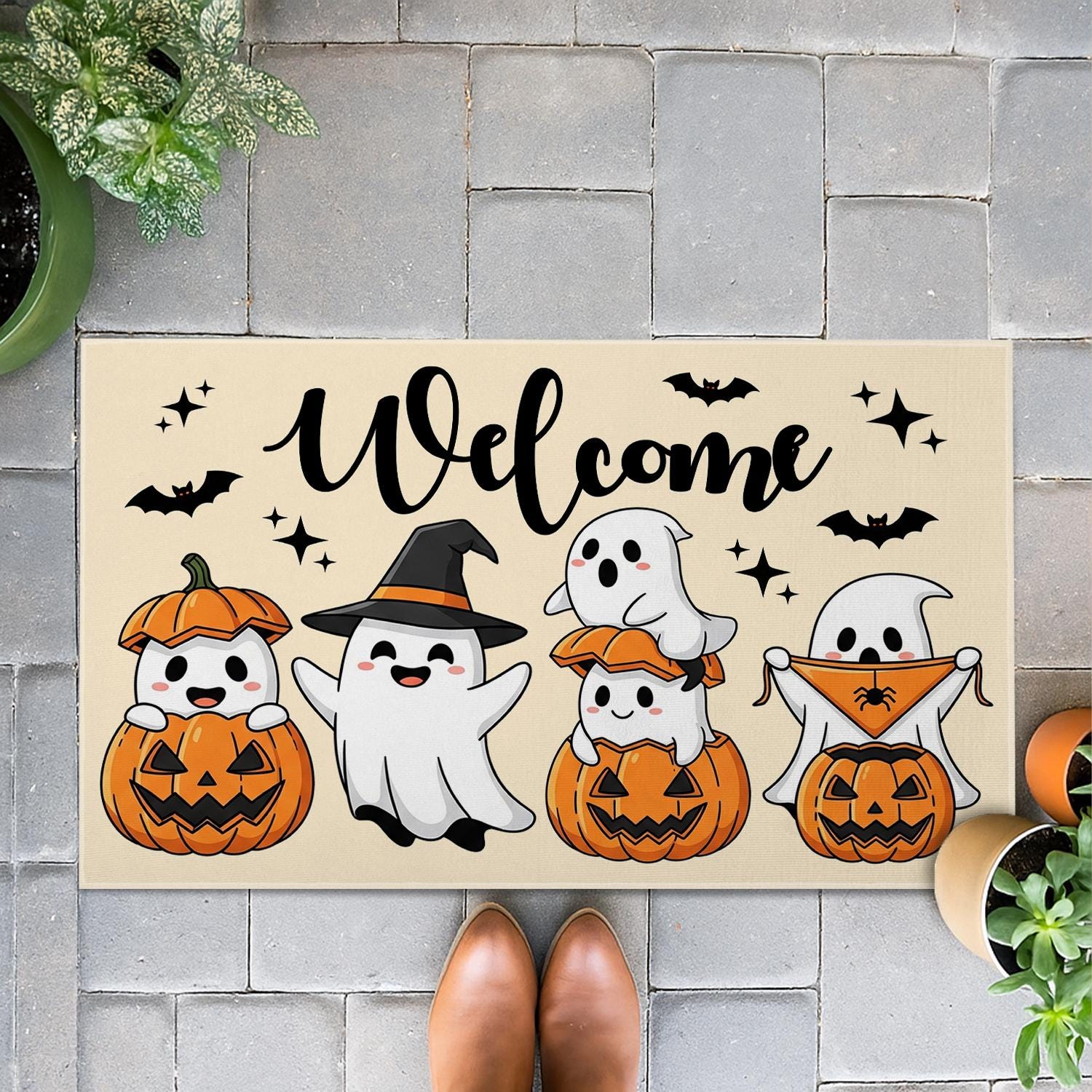 Halloween Ghost Doormat, Cute Pumpkin Welcome Mat, Fall Porch Decor, Spooky Entry Rug, Trick or Treat Door Mat for Home, Fall Home Decor Mat
