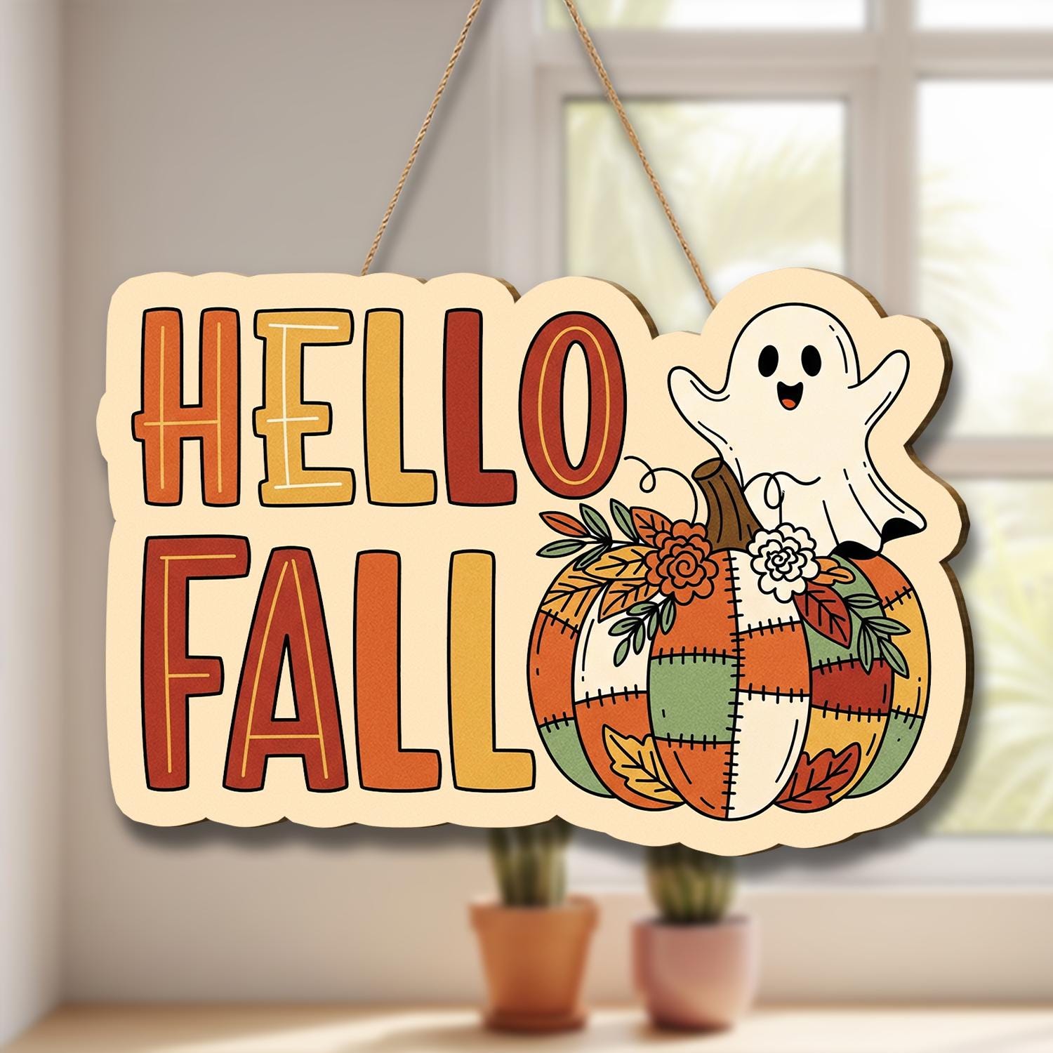 Hello Fall Door Sign, Cute Ghost Pumpkin Hanging Sign, Autumn Front Porch Decor, Patchwork Pumpkin Wall Sign, Fall Welcome Sign, Home Decor