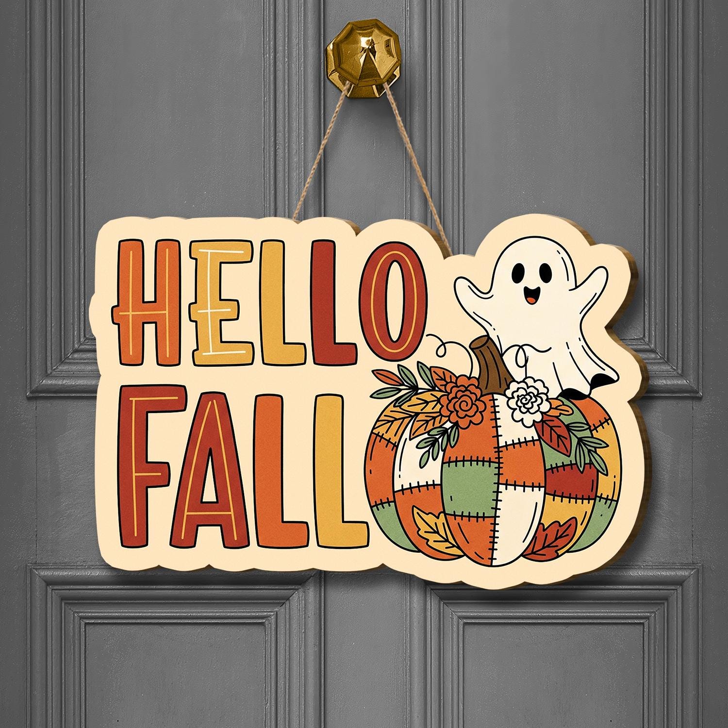 Hello Fall Door Sign, Cute Ghost Pumpkin Hanging Sign, Autumn Front Porch Decor, Patchwork Pumpkin Wall Sign, Fall Welcome Sign, Home Decor