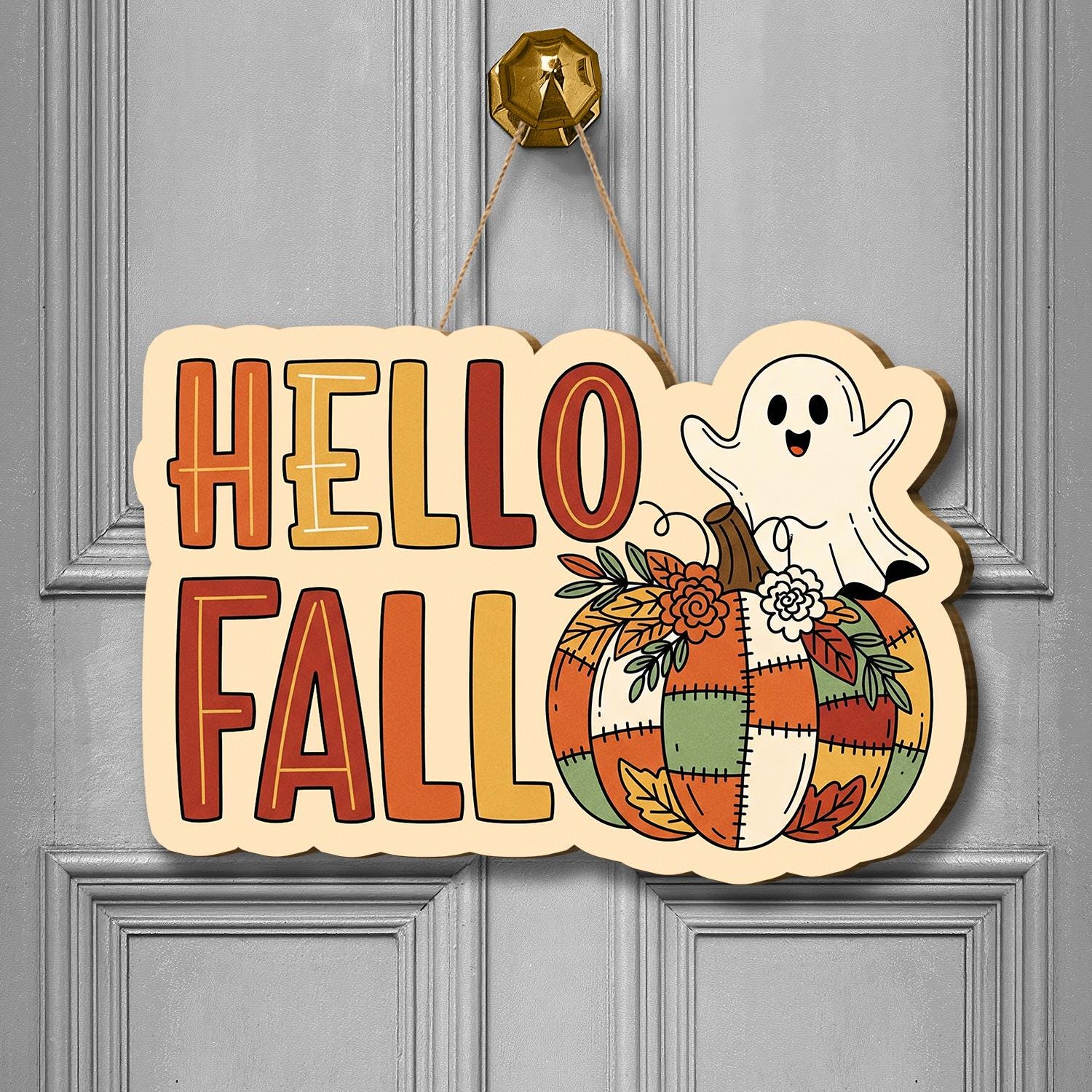Hello Fall Door Sign, Cute Ghost Pumpkin Hanging Sign, Autumn Front Porch Decor, Patchwork Pumpkin Wall Sign, Fall Welcome Sign, Home Decor