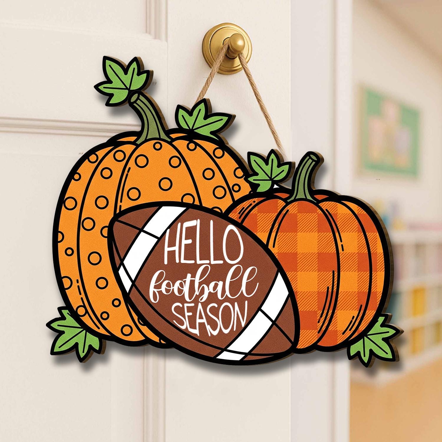 Hello Football Season Sign, Fall Pumpkin Door Hanger, Autumn Sports Decor, Rustic Football Wall Sign, Game Day Front Door Decor, Cute Sign
