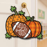 Hello Football Season Sign, Fall Pumpkin Door Hanger, Autumn Sports Decor, Rustic Football Wall Sign, Game Day Front Door Decor, Cute Sign