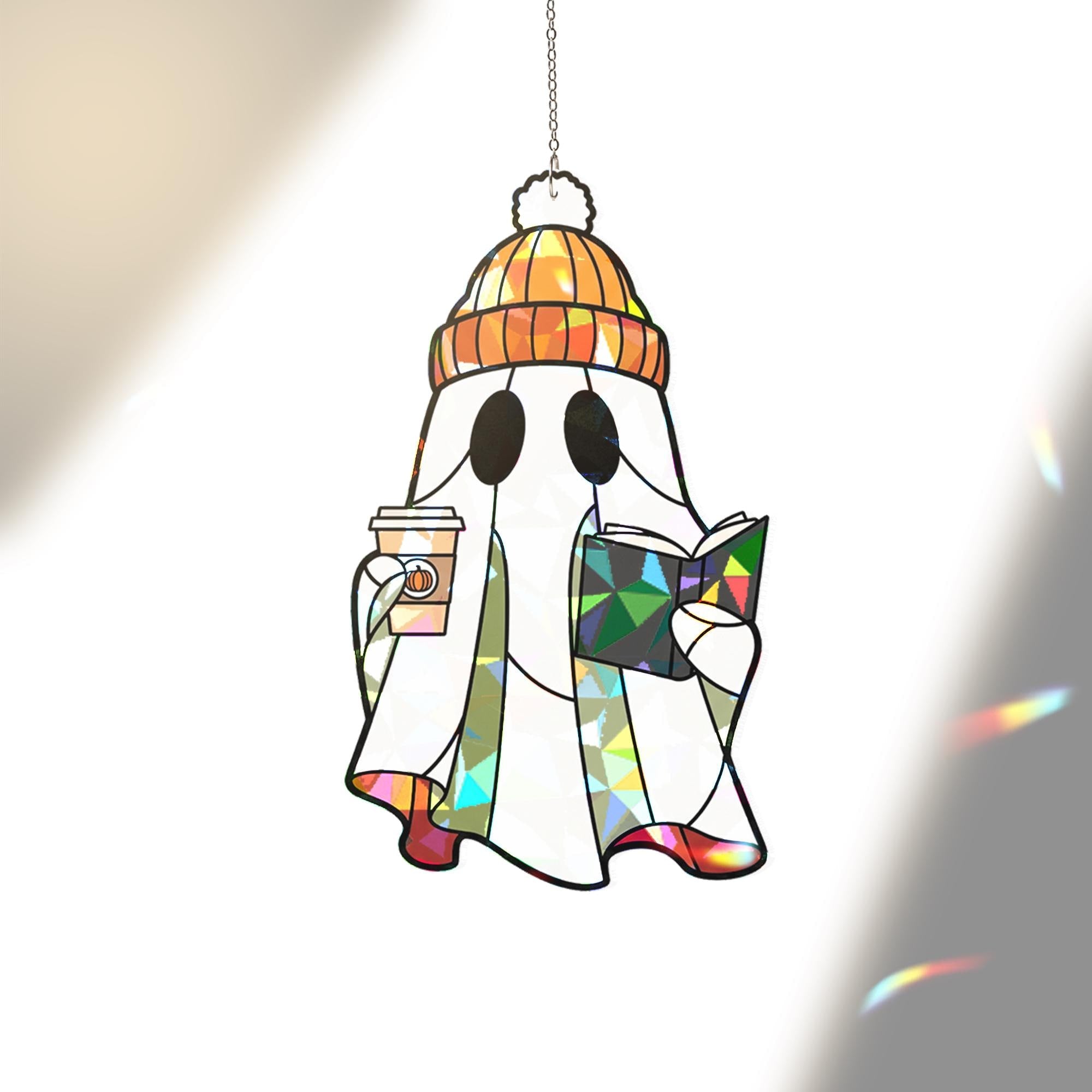 Acrylic Ghost Suncatcher, Cozy Reading Ghost Window Decor, Fall Coffee Book Lover Gift, Cute Autumn Ghost Hanging Decoration, Book Lovers