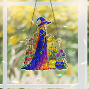 Colorful Witch Acrylic Suncatcher, Garden Witch Decor, Fantasy Window Hanging, Holographic Boho Gift, Mystic Flower Wall Art