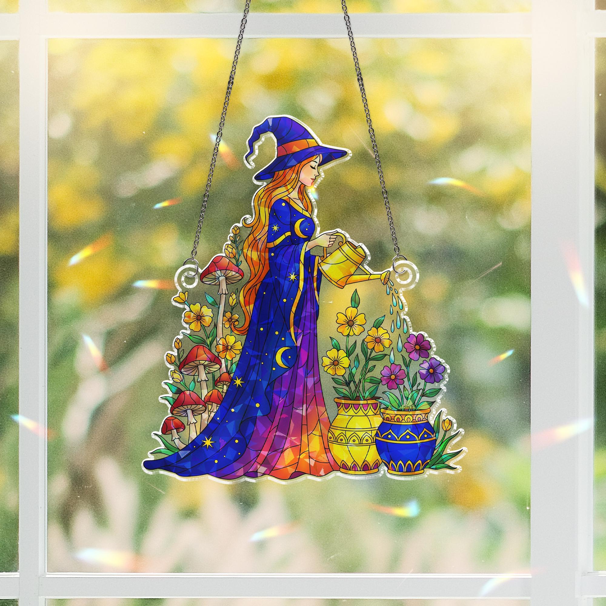 Colorful Witch Acrylic Suncatcher, Garden Witch Decor, Fantasy Window Hanging, Holographic Boho Gift, Mystic Flower Wall Art