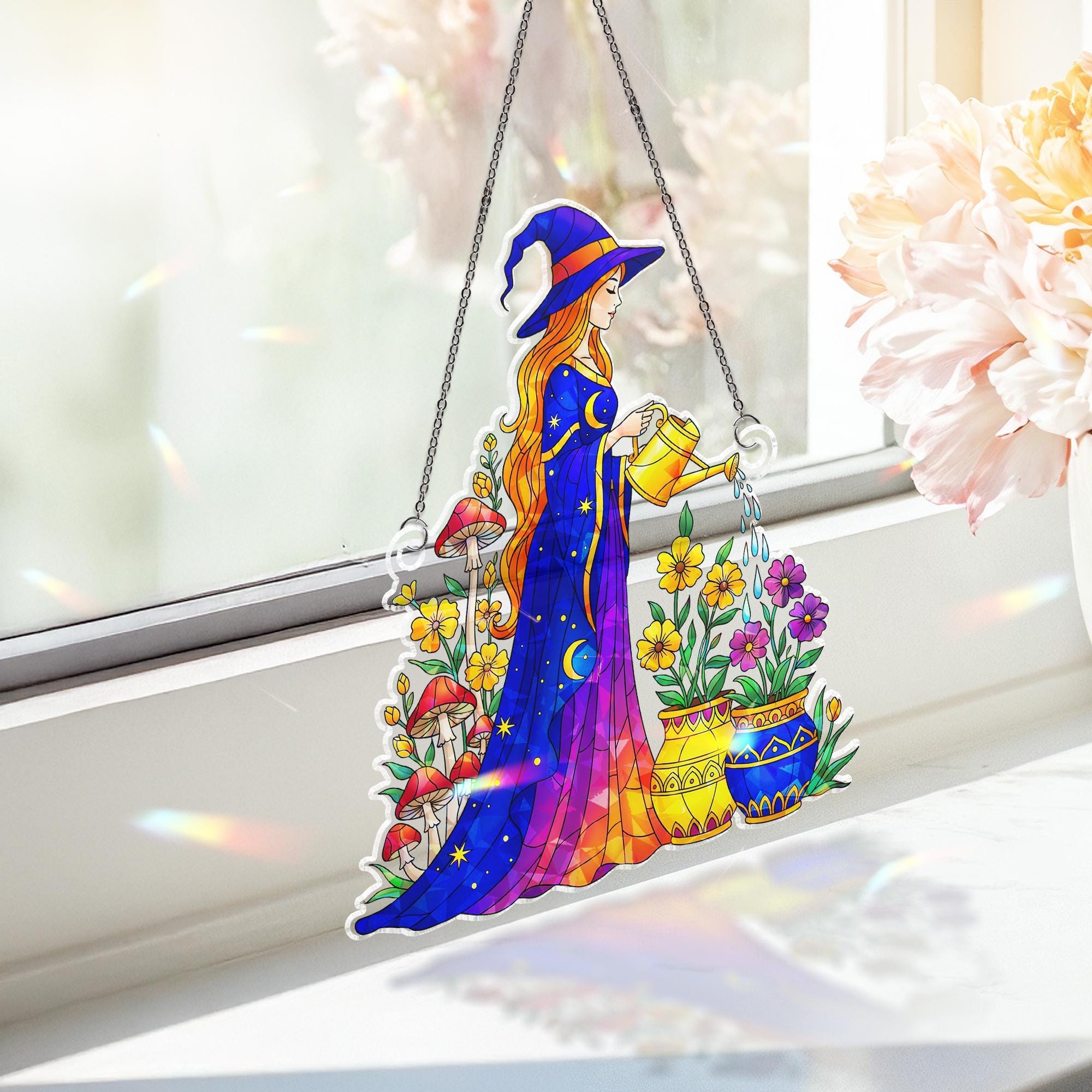 Colorful Witch Acrylic Suncatcher, Garden Witch Decor, Fantasy Window Hanging, Holographic Boho Gift, Mystic Flower Wall Art